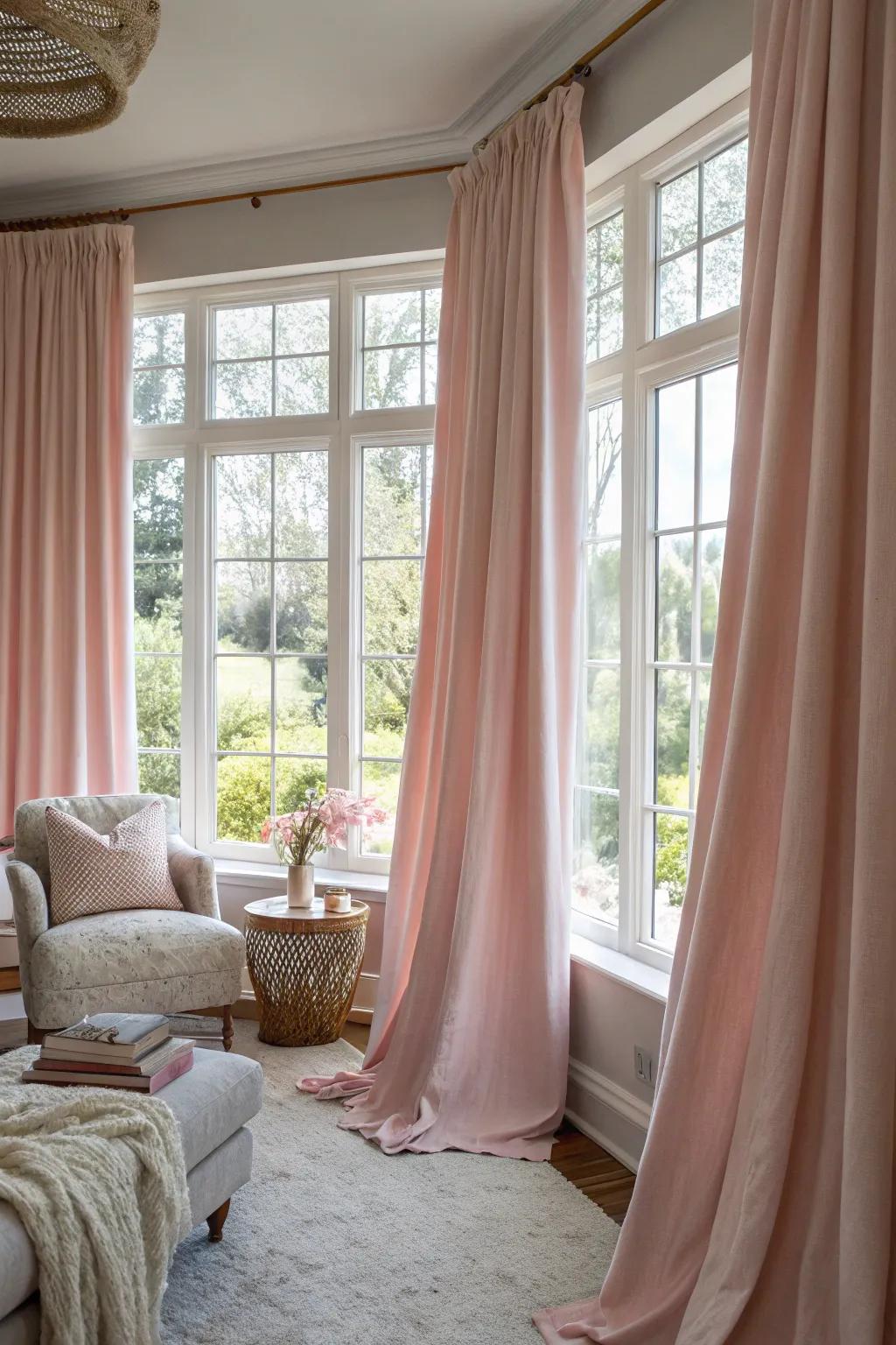 Pink curtains add a soft and elegant touch to the living room.