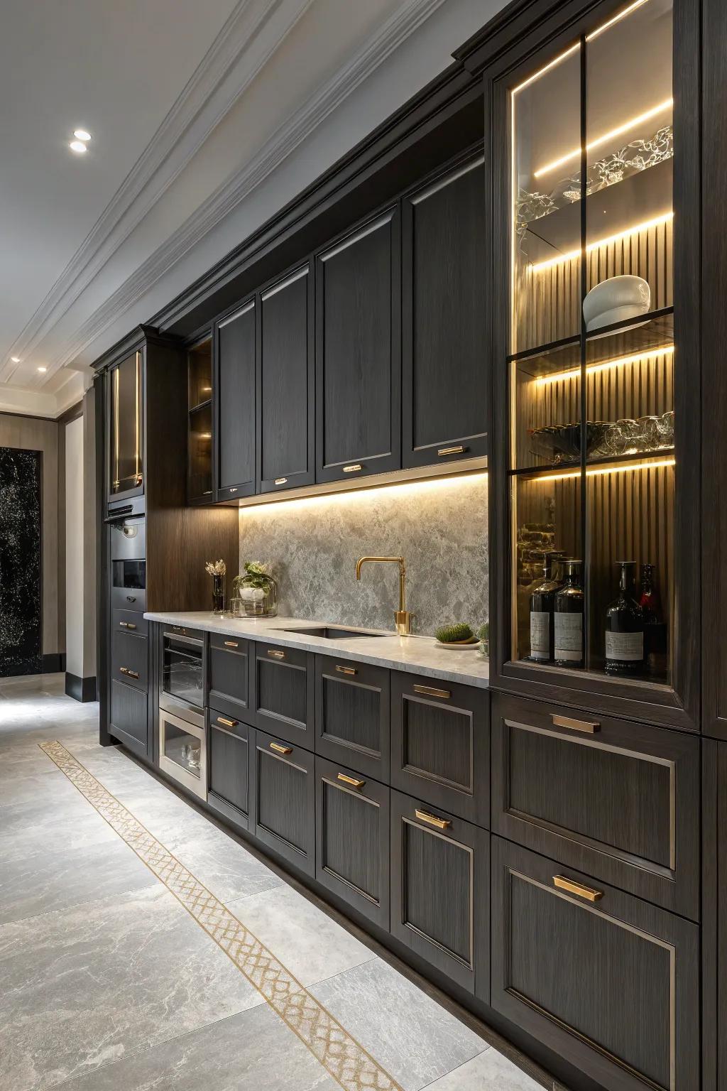 Metallic accents add a glamorous touch to dark kitchen cabinets.