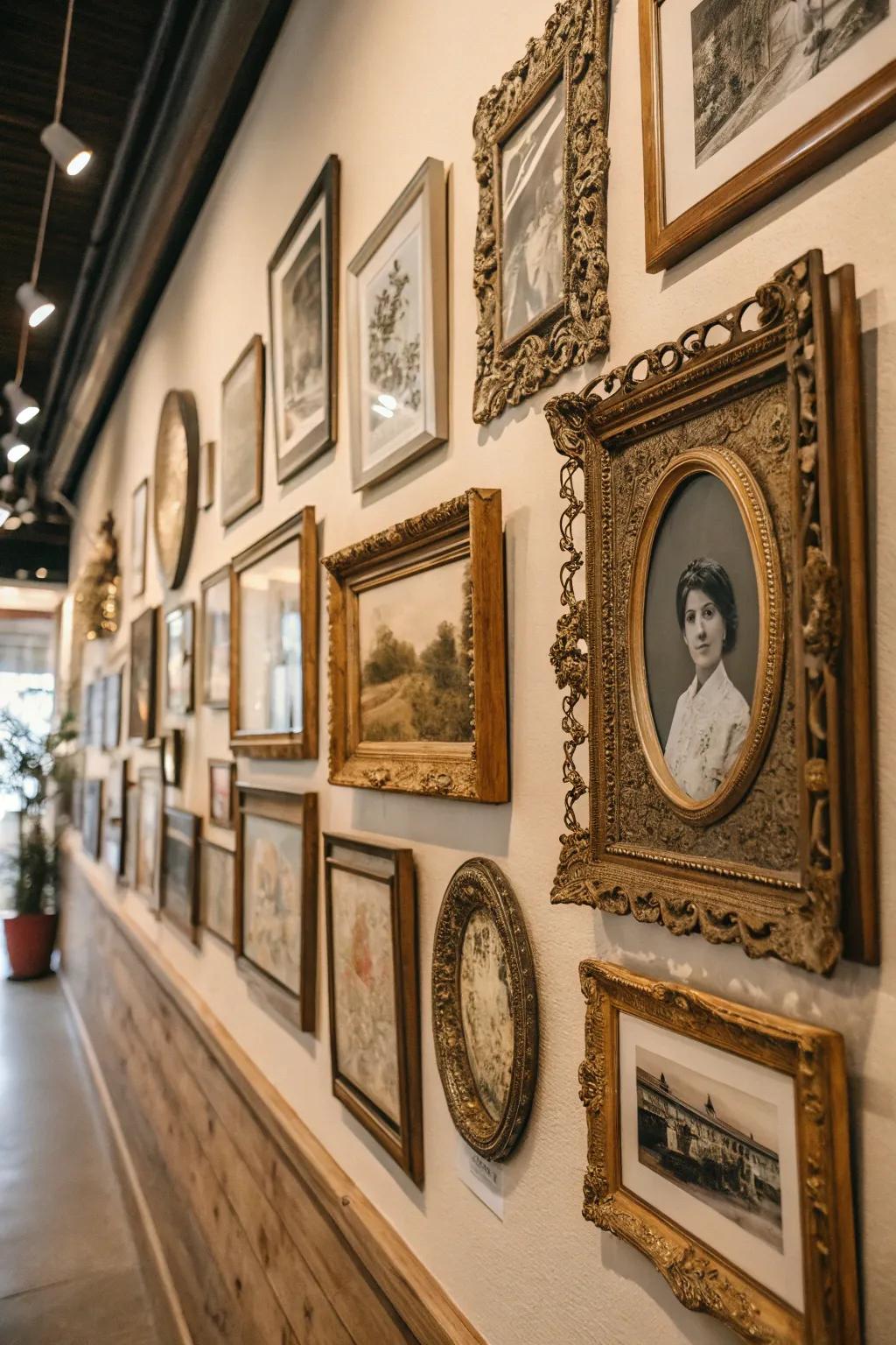 A vintage gallery wall adds personality and history.