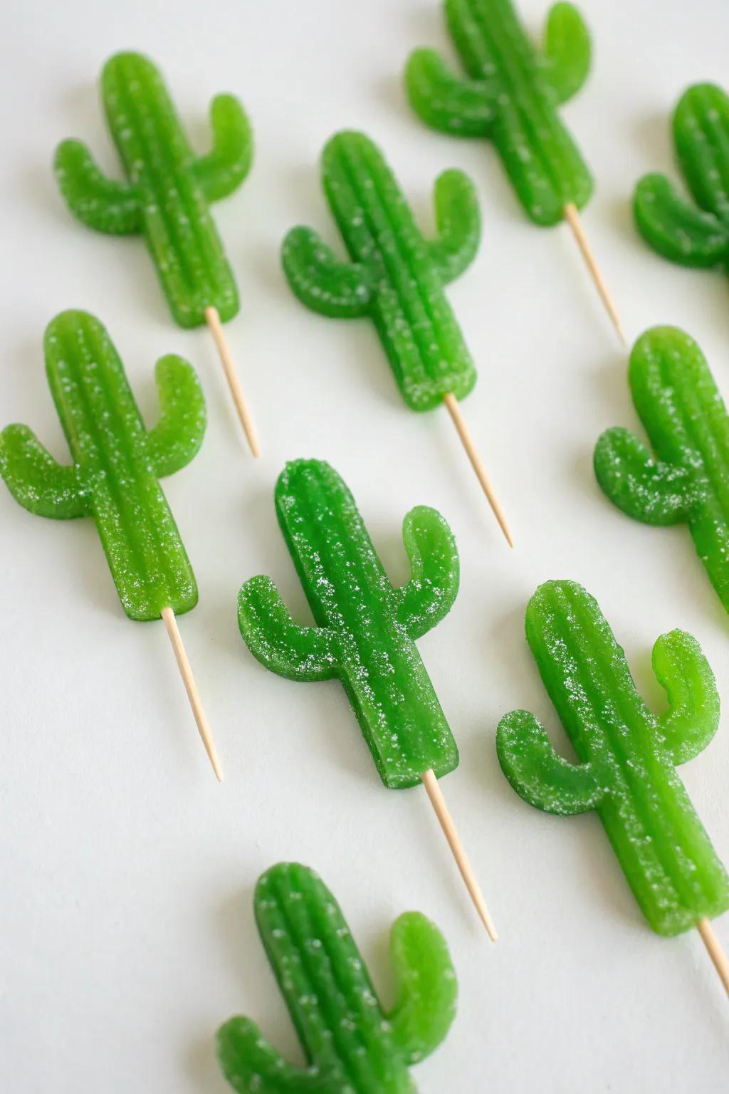 Candy cacti made from green gummy candies and toothpicks.