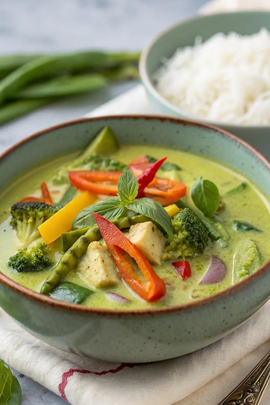 Thai green curry with vegetables, spicy and aromatic.