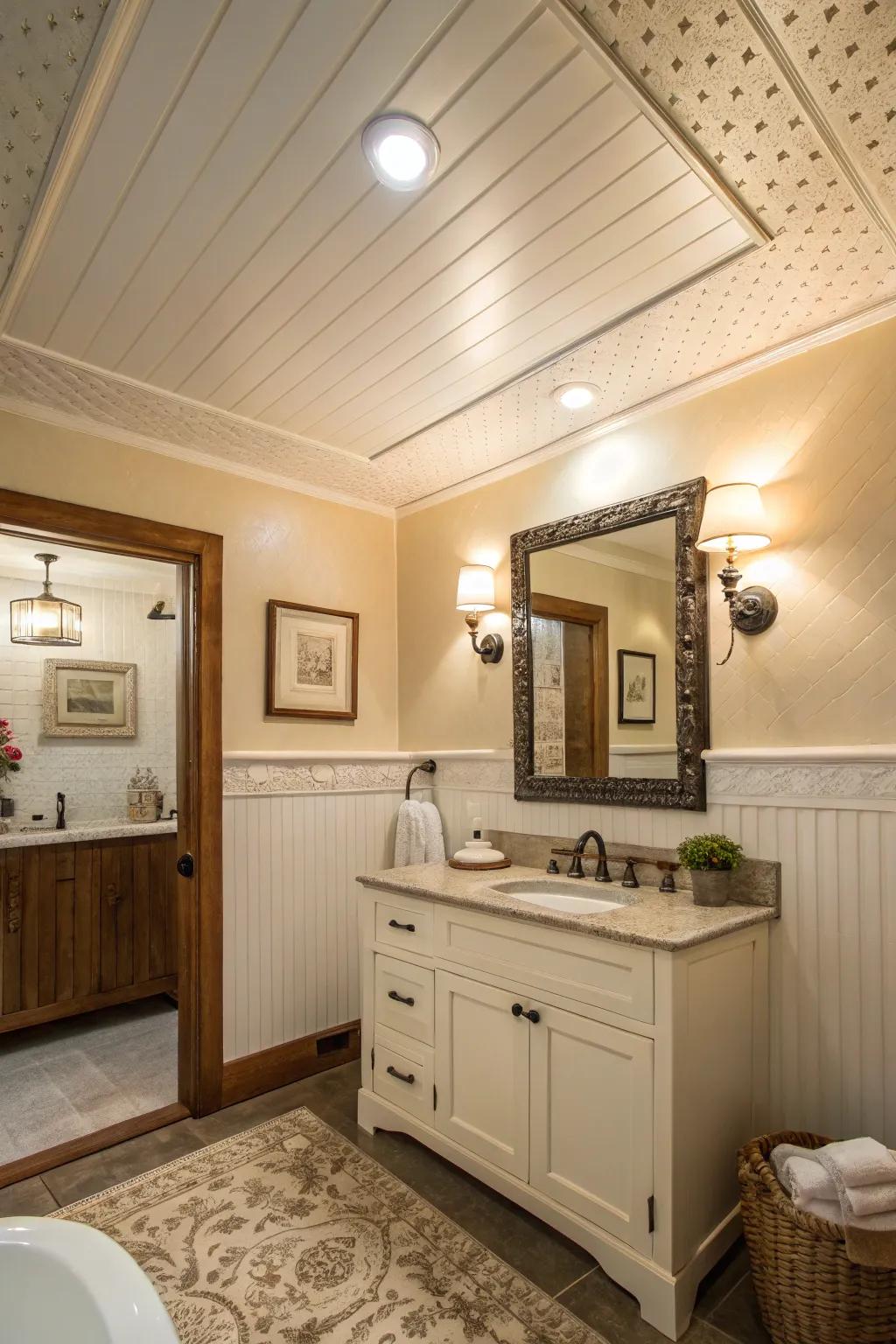 Cottage charm with beadboard ceiling panels.