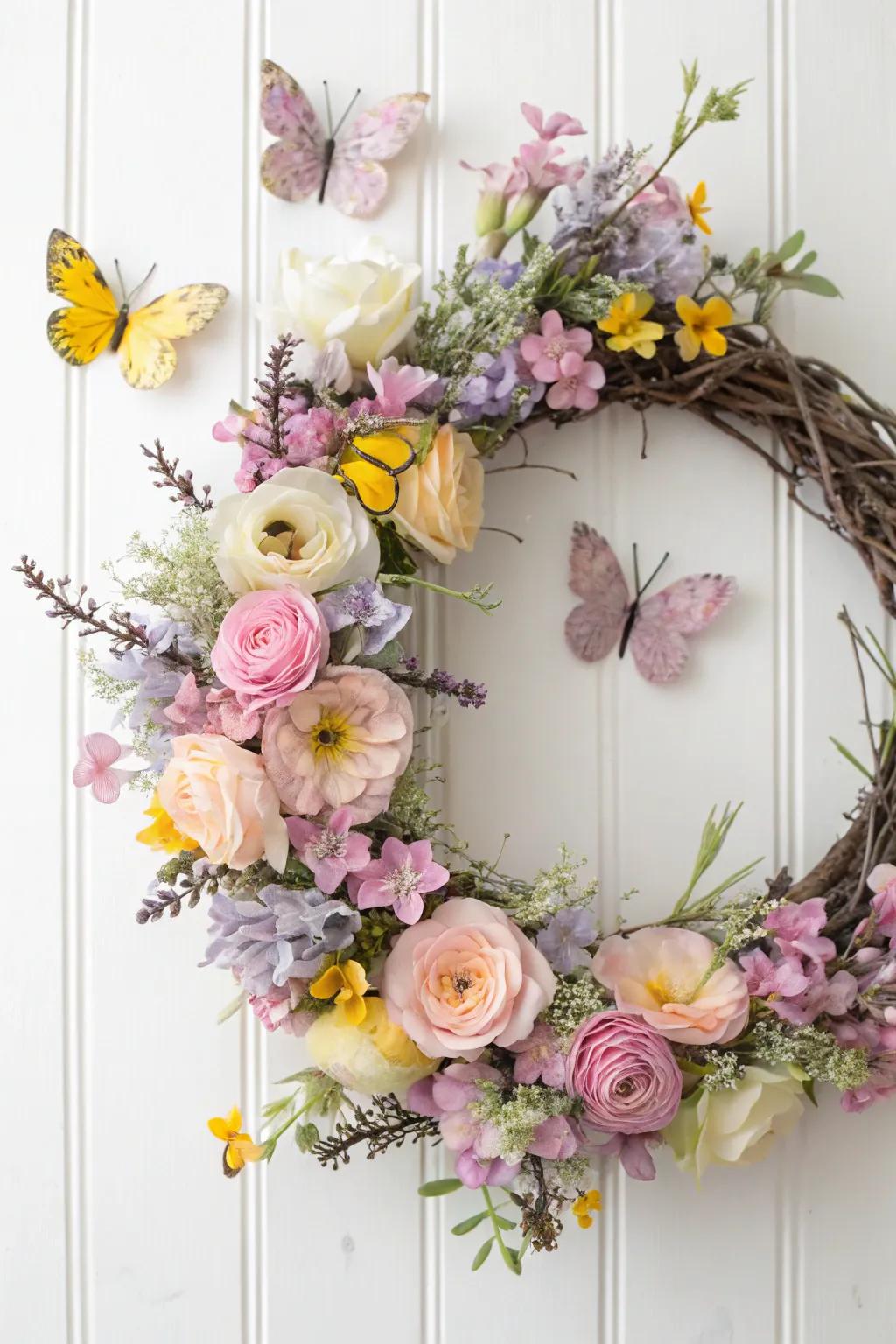 An elegant Easter wreath with butterflies, perfect for adding grace to your decor.