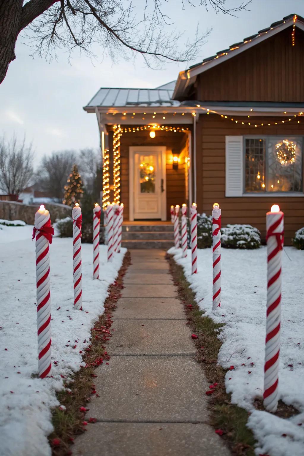 A peppermint pathway guides guests with festive flair.