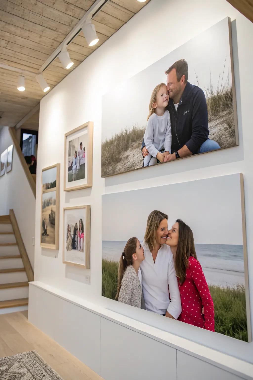 A minimalist photo wall emphasizes simplicity and elegance.