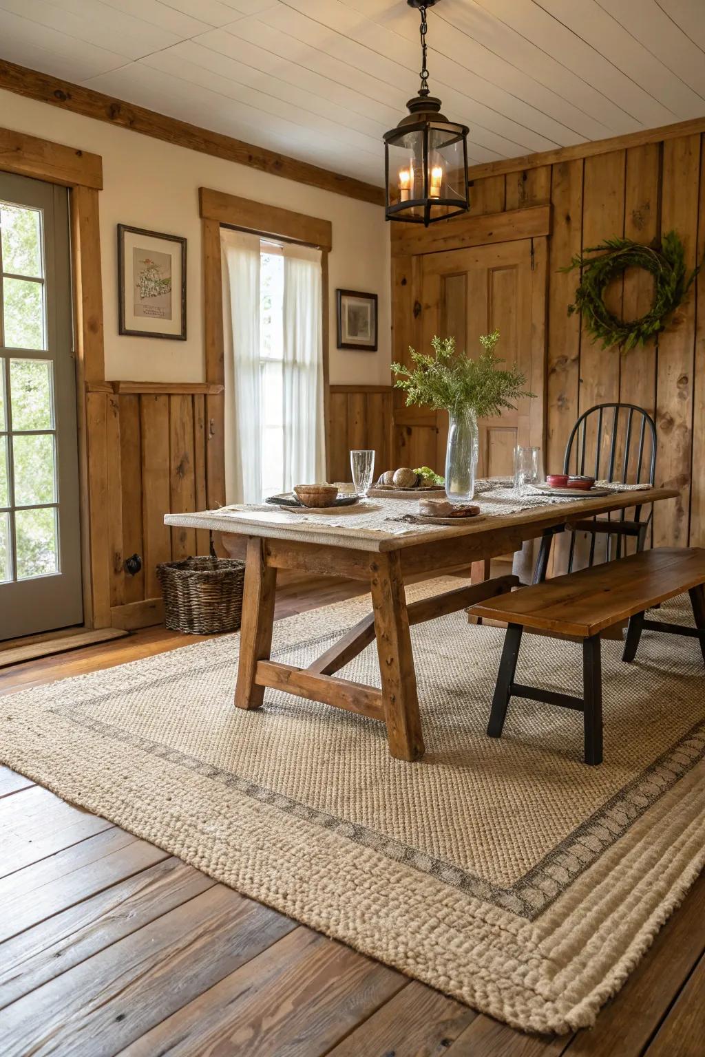 A natural fiber rug adds warmth and texture to this inviting farmhouse dining room.