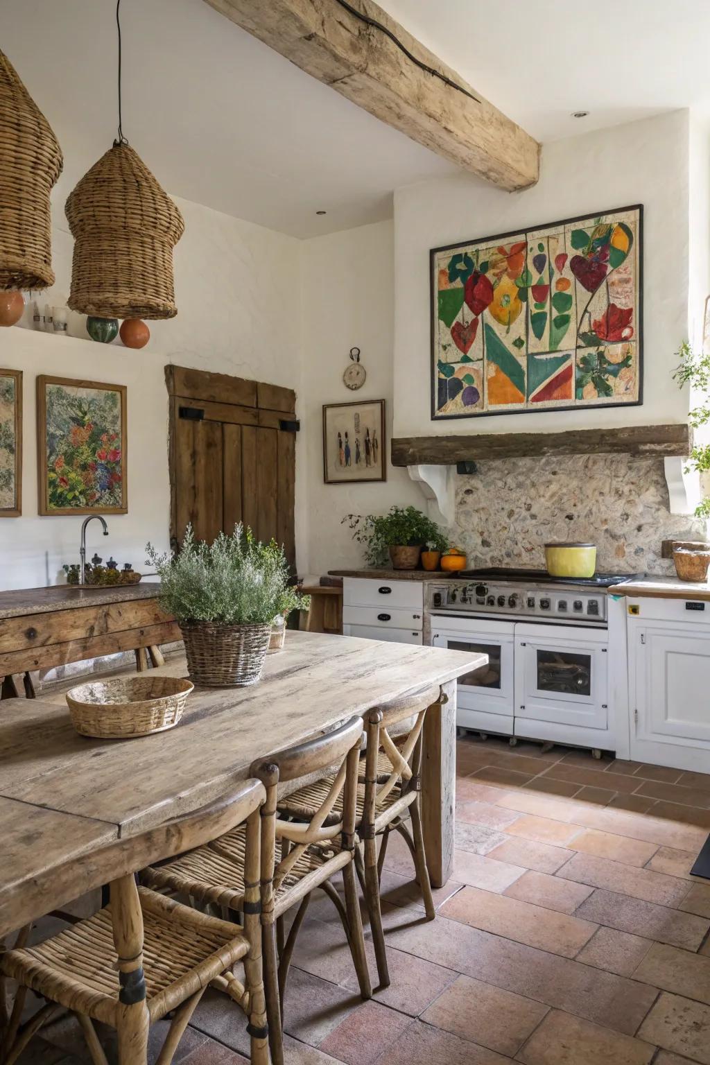 An eclectic art piece creating a focal point in a farmhouse kitchen.