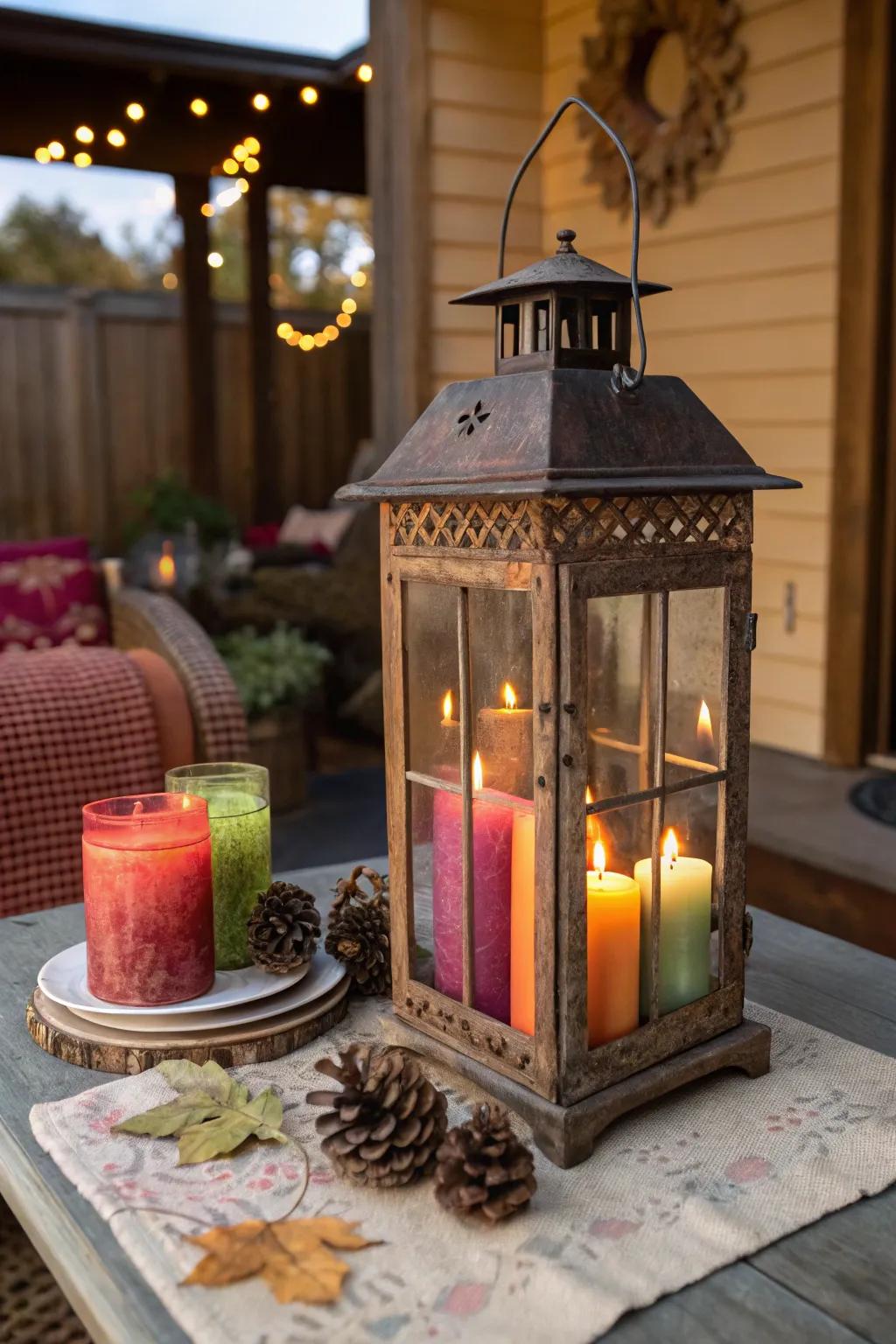 Colored candles add a pop of color inside lanterns.