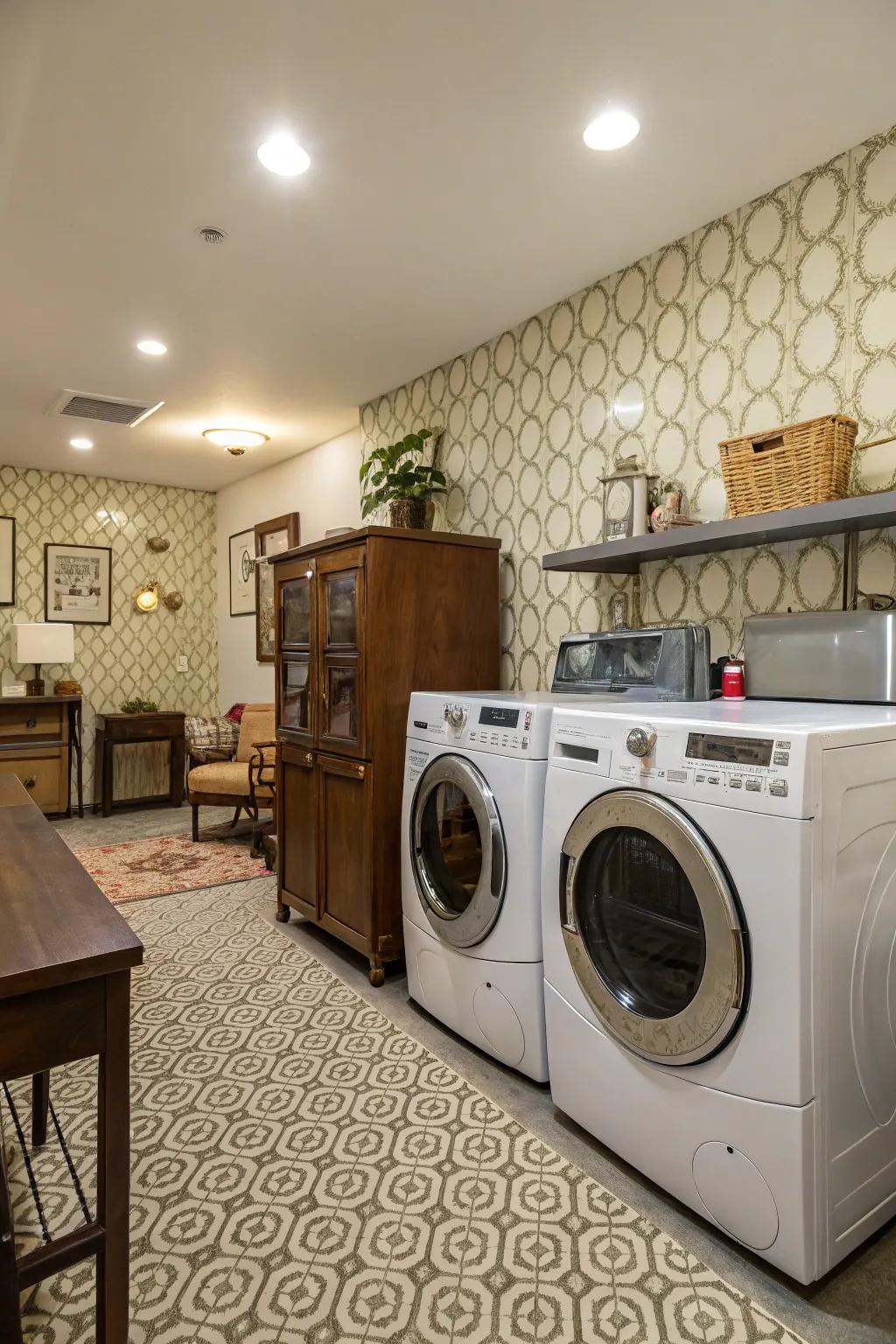 A harmonious blend of modern and vintage elements creates a unique farmhouse laundry room.