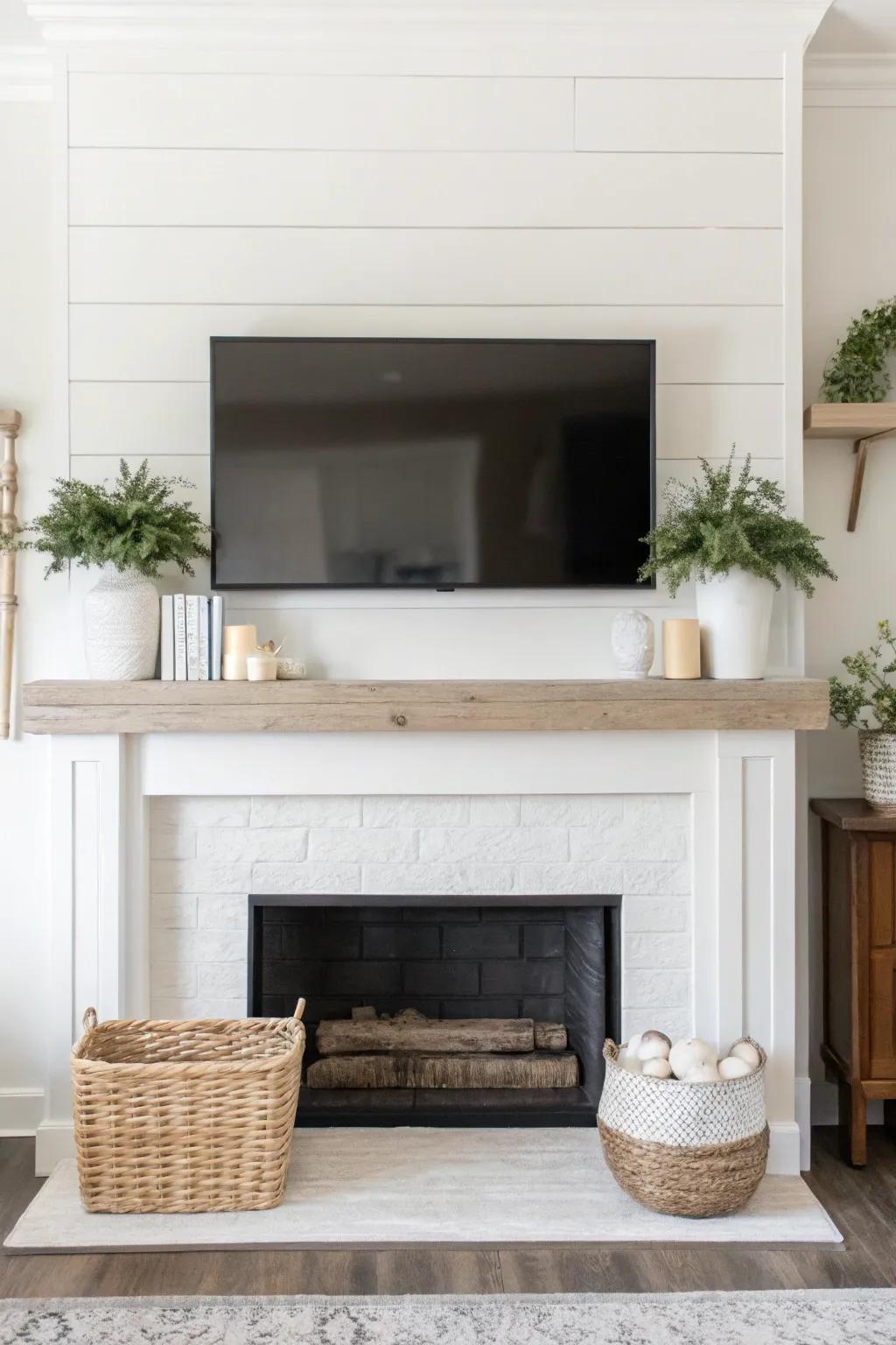 A minimalist farmhouse mantel with a TV above, showcasing simple and elegant decor.