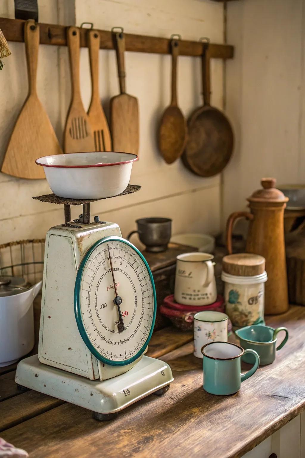 Nostalgic kitchenware displayed on a vintage scale.