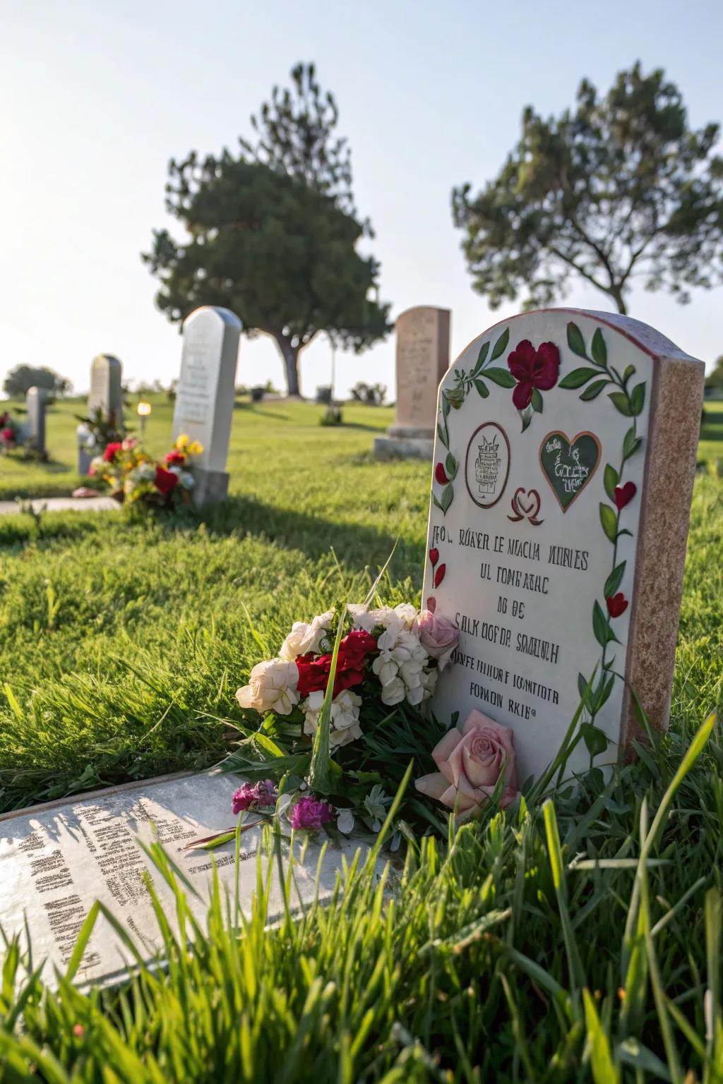 Personalized grave markers highlighting cherished memories.