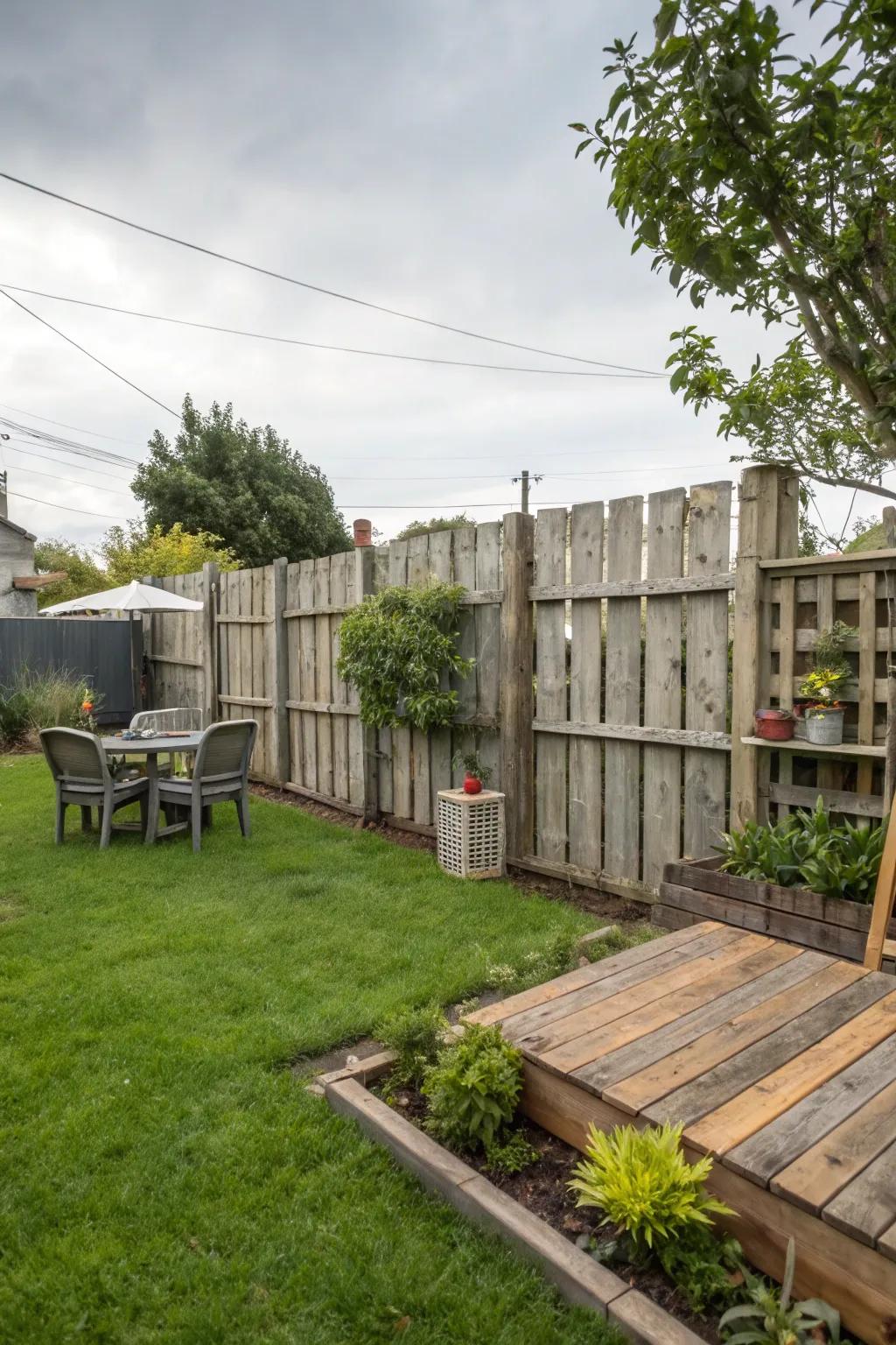 Repurposed pallets fashion a rustic and eco-friendly fence.