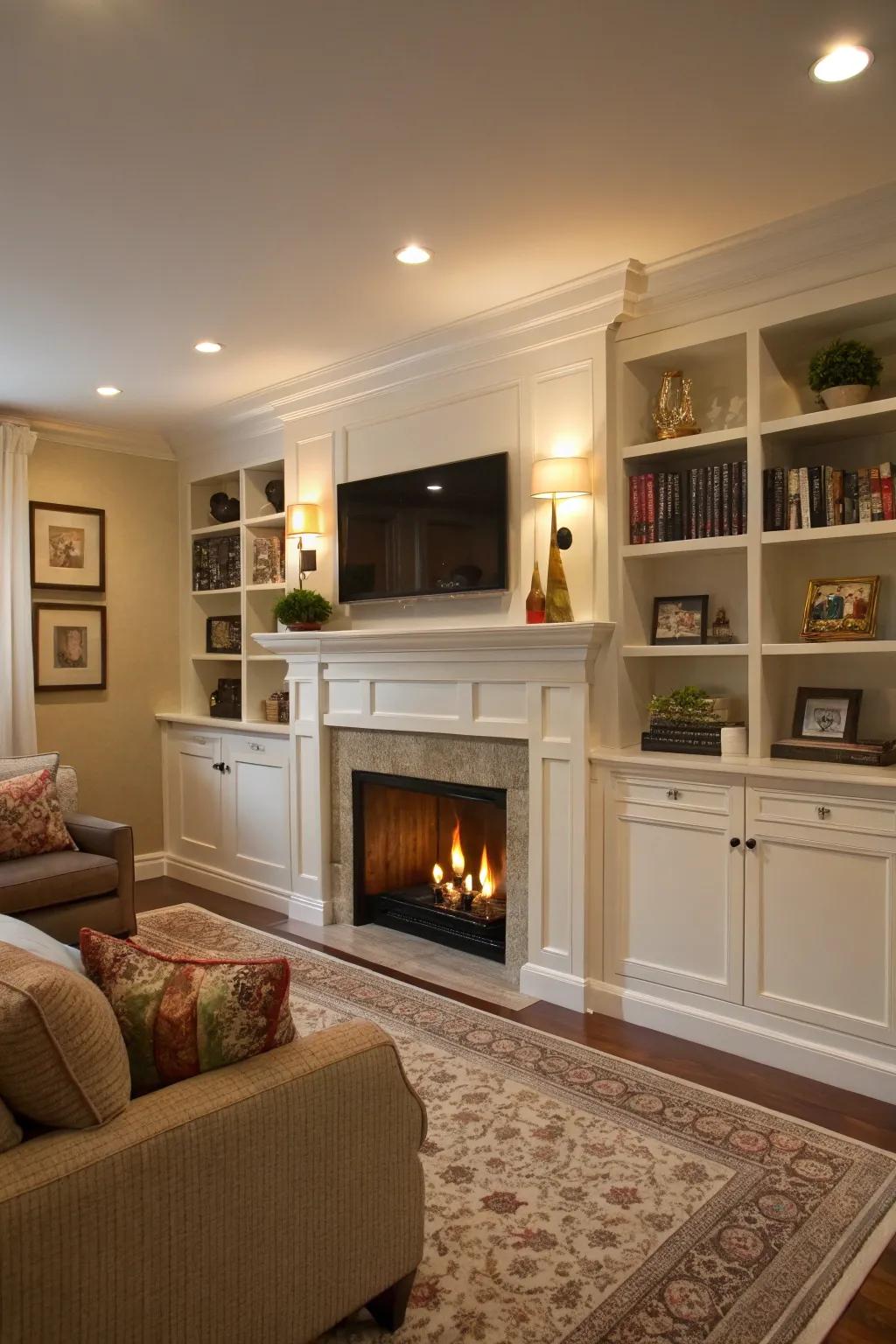 A living room with a fireside alcove cleverly designed with hidden storage.