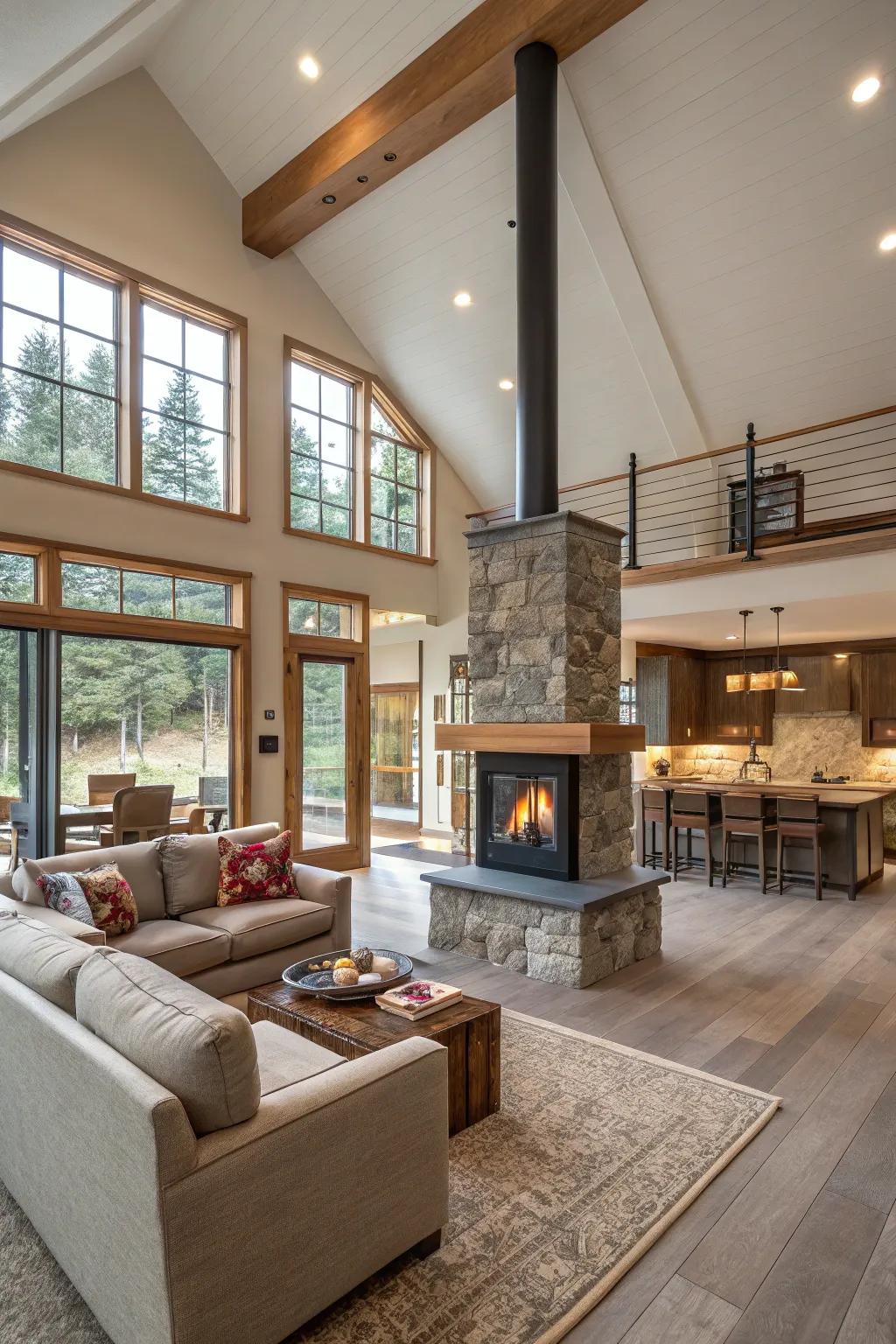 An open-plan area featuring a central fireplace that functions as an elegant room partition.