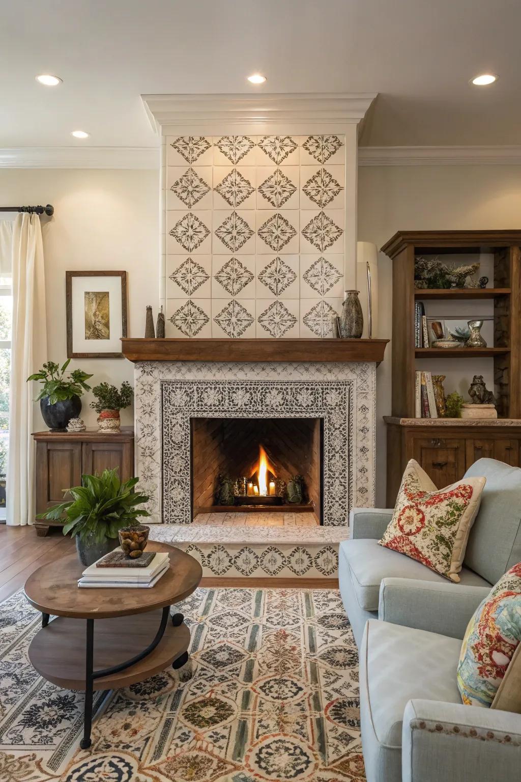 Symmetrical tiles provide a harmonious focal point on this fireplace.