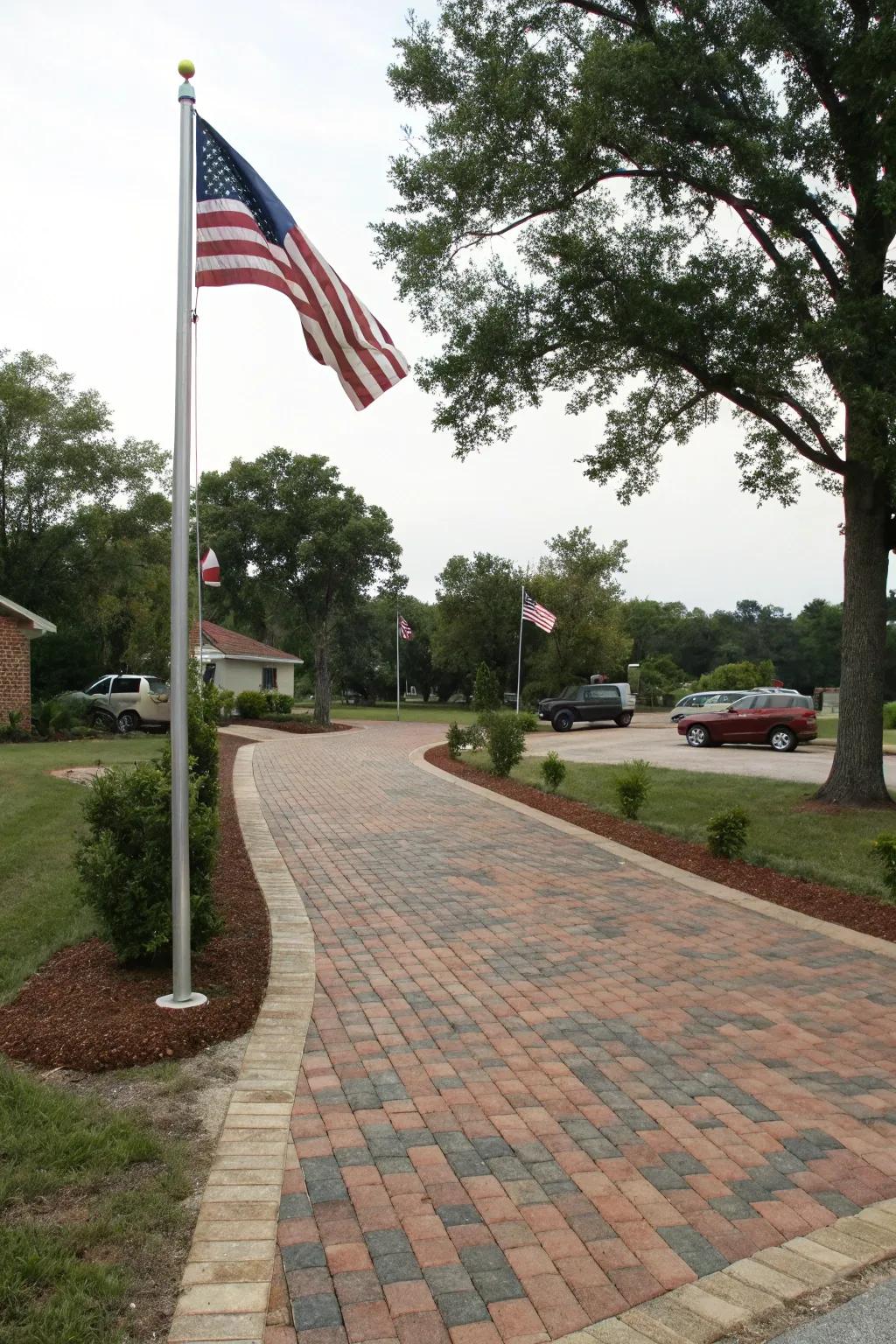 A rear lot access creatively constructed using recycled bricks and pavers.