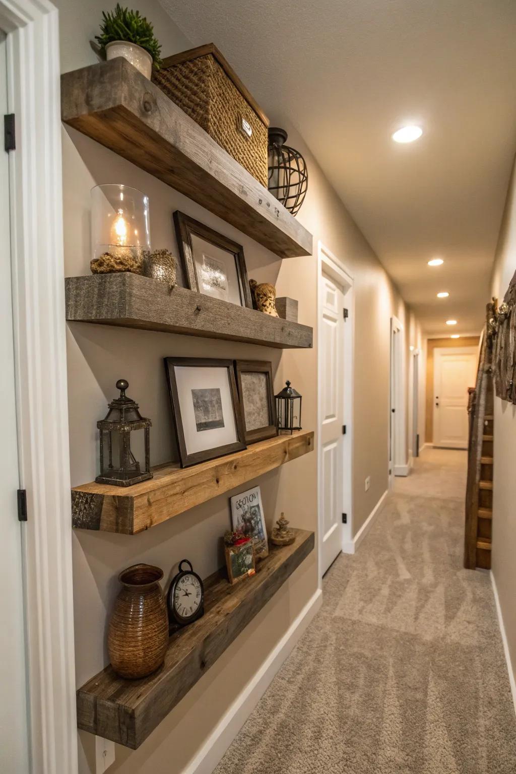 Enhance the visual depth of your hallway with textured shelf finishes.