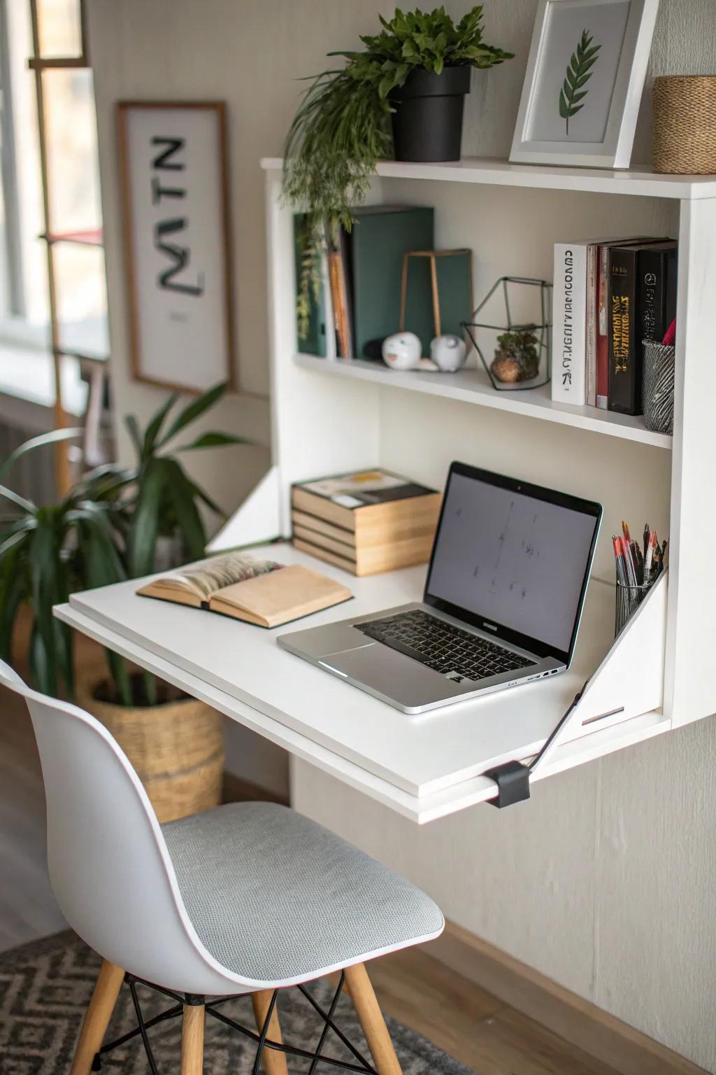 Floating shelf used as a compact desk solution.