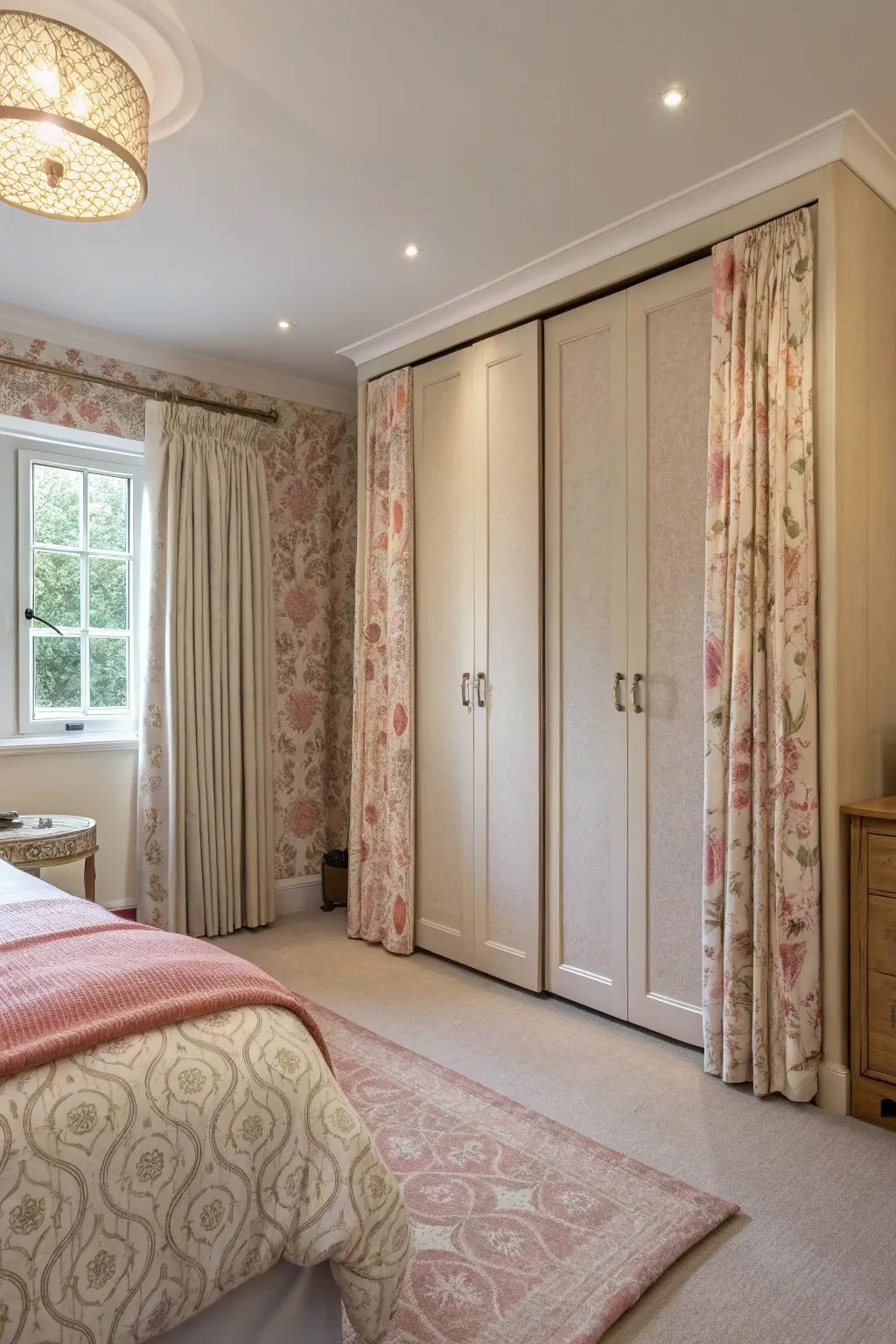 Fabric-covered doors introduce softness and warmth.