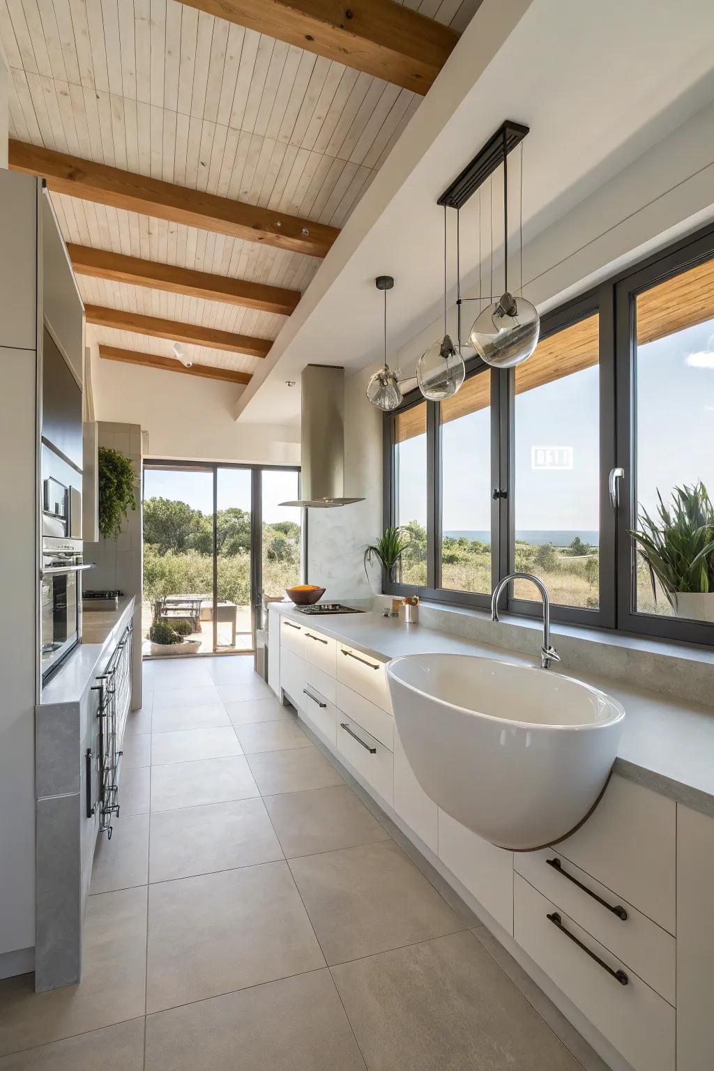 A modern kitchen with a floating free standing sink for an airy feel.