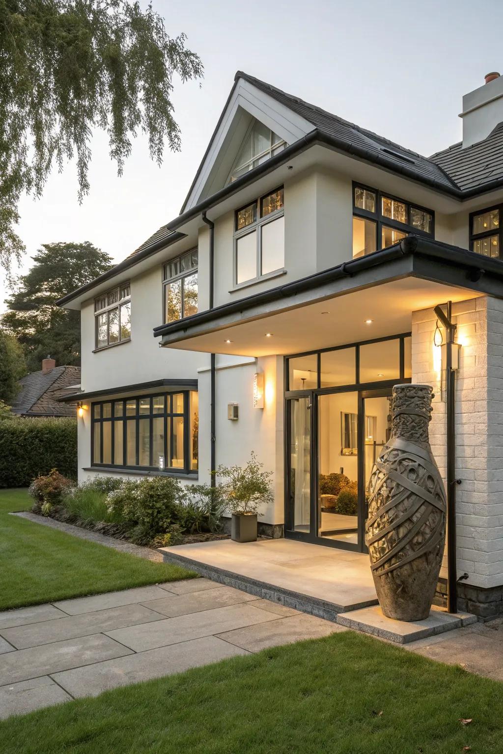 A front extension incorporating a sculptural element that imparts artistic flair.