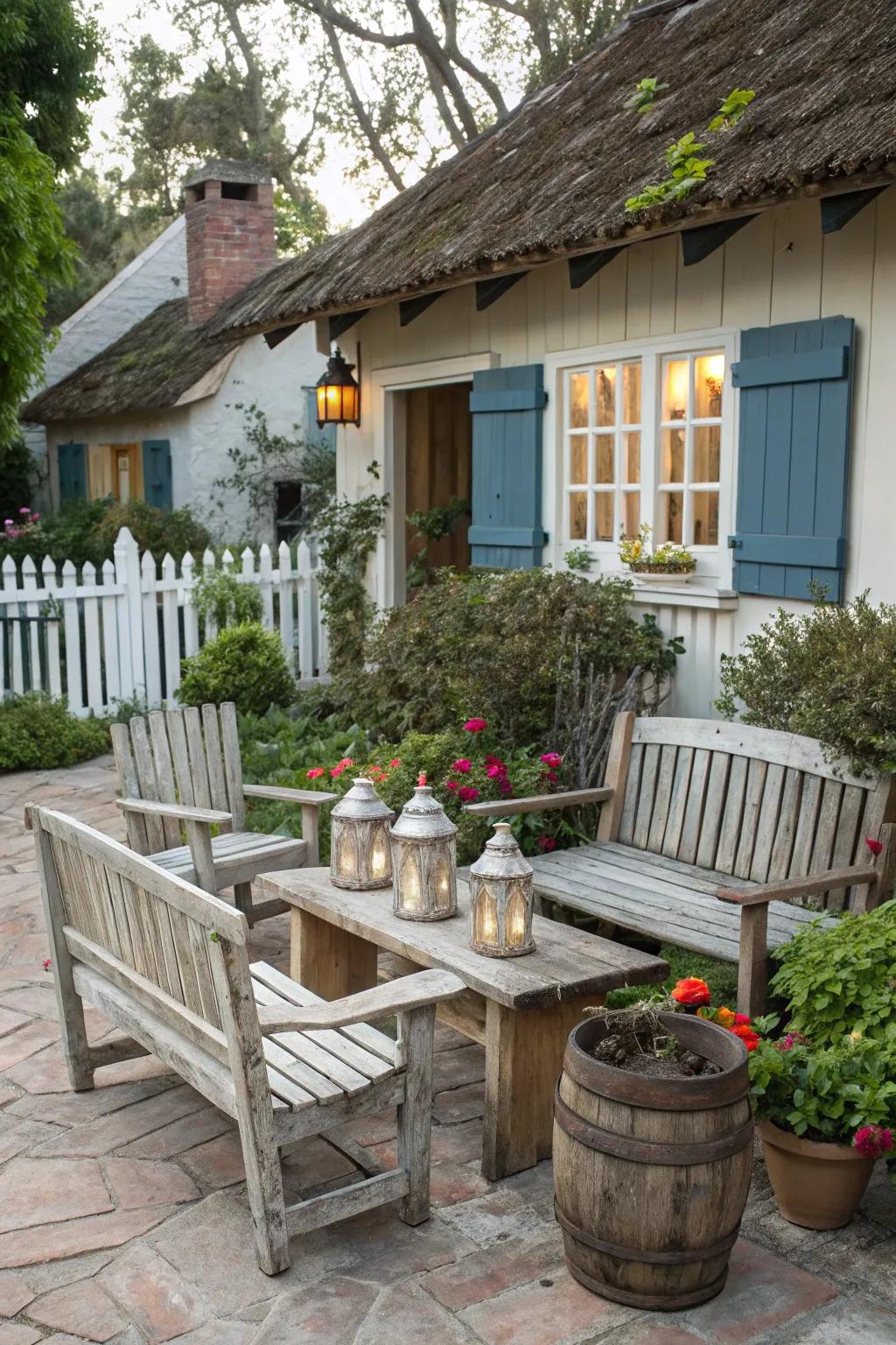 Add warmth with rustic wooden benches on your patio.