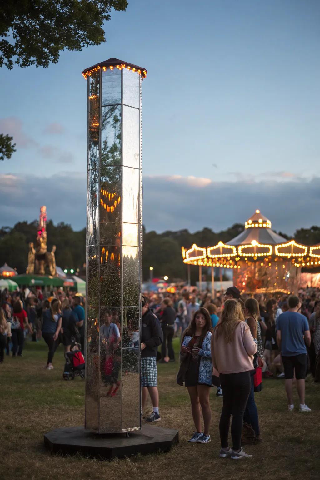 Reflective totems add a magical and interactive element to festivals.