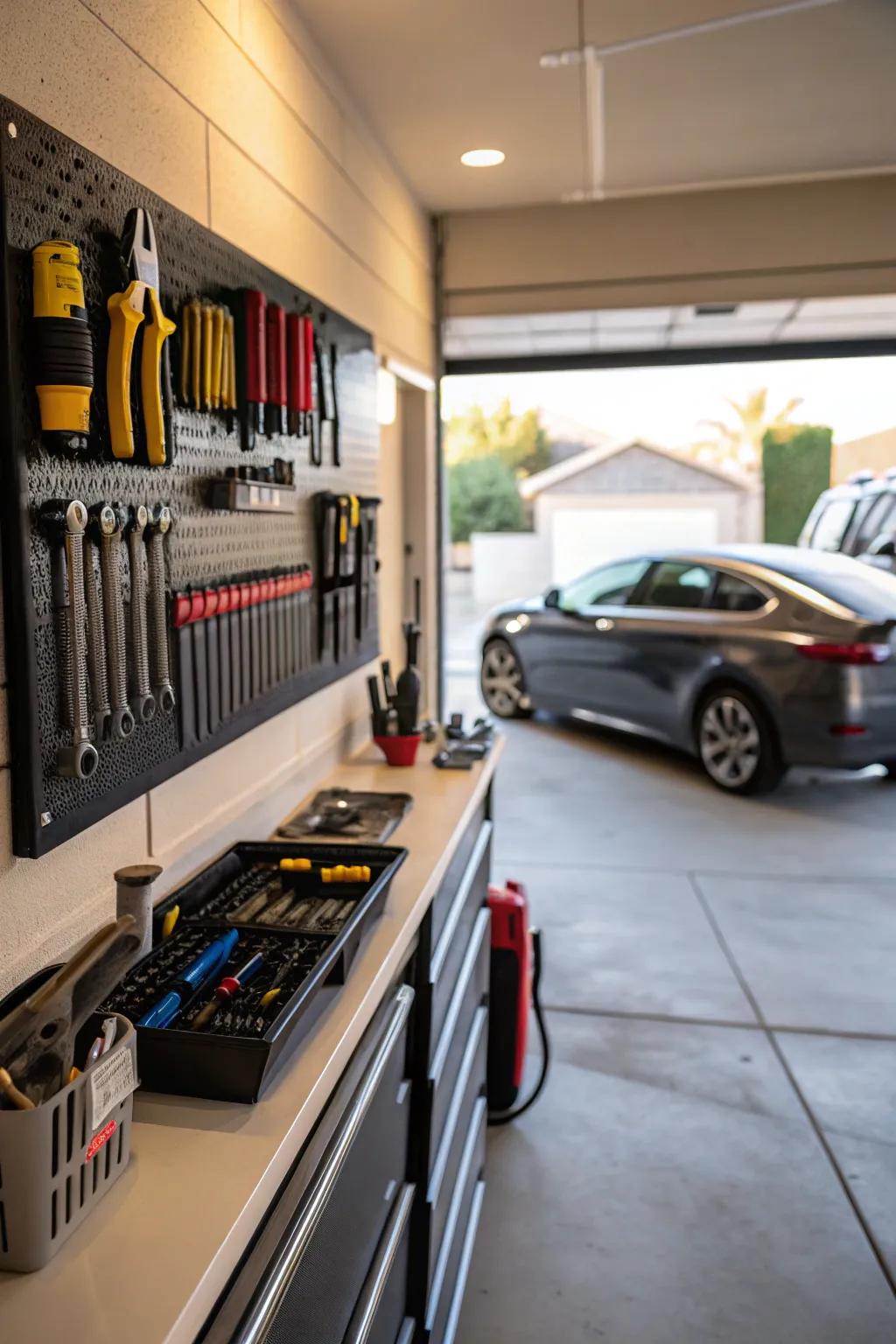 Magnetic baseboards provide a practical solution for tool organization.