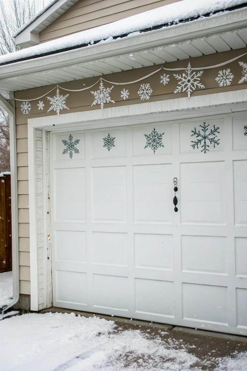 Garage door turned into a snowy winter wonderland.