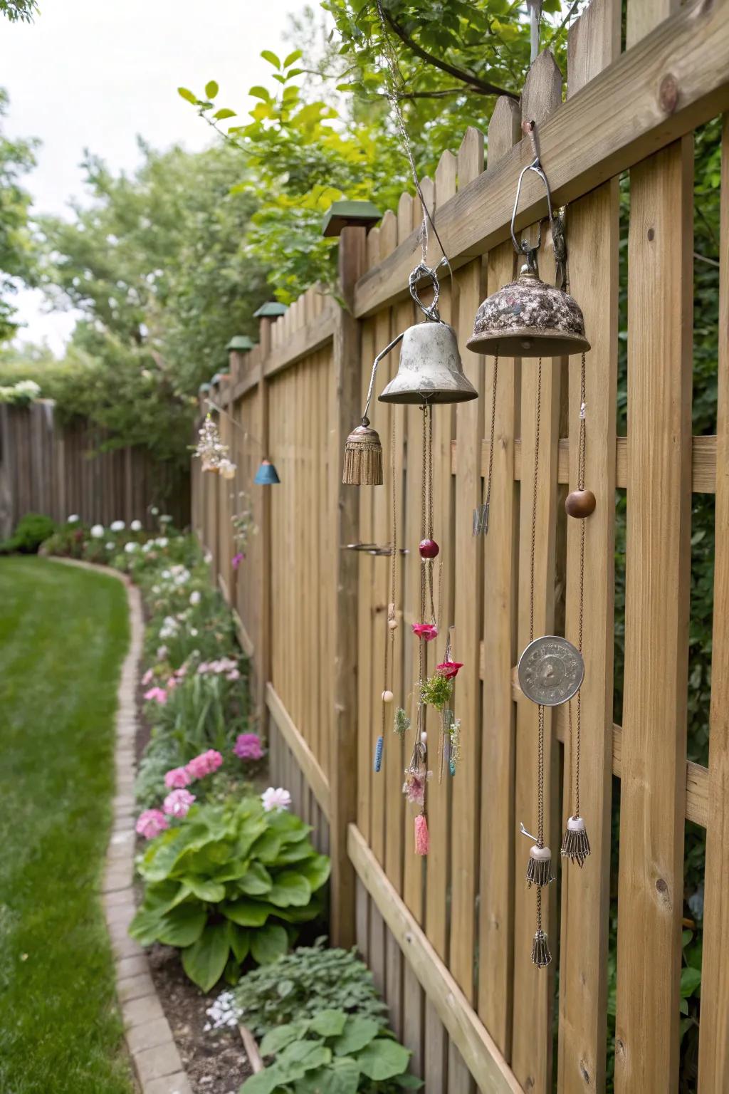 Wind chimes add a visual and auditory barrier, enhancing garden protection.