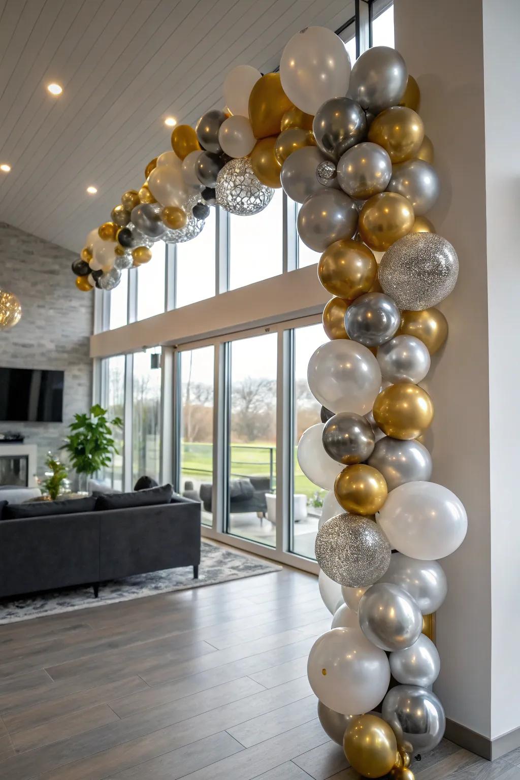 Sleek and futuristic metallic balloon garland for a modern party.