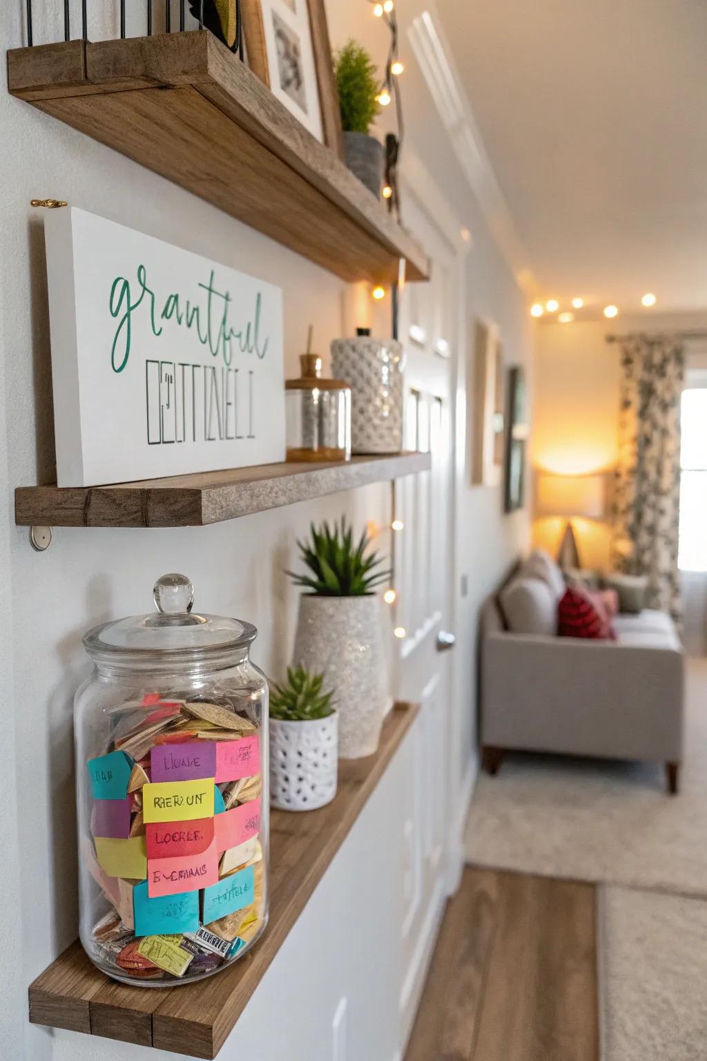 A gratitude jar wall collecting notes.