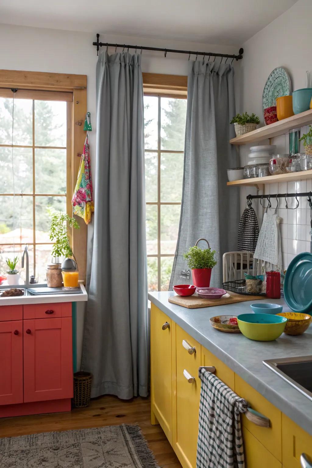 Gray window coverings featuring a burst of chromaticity emanating from vibrant culinary space accessories.