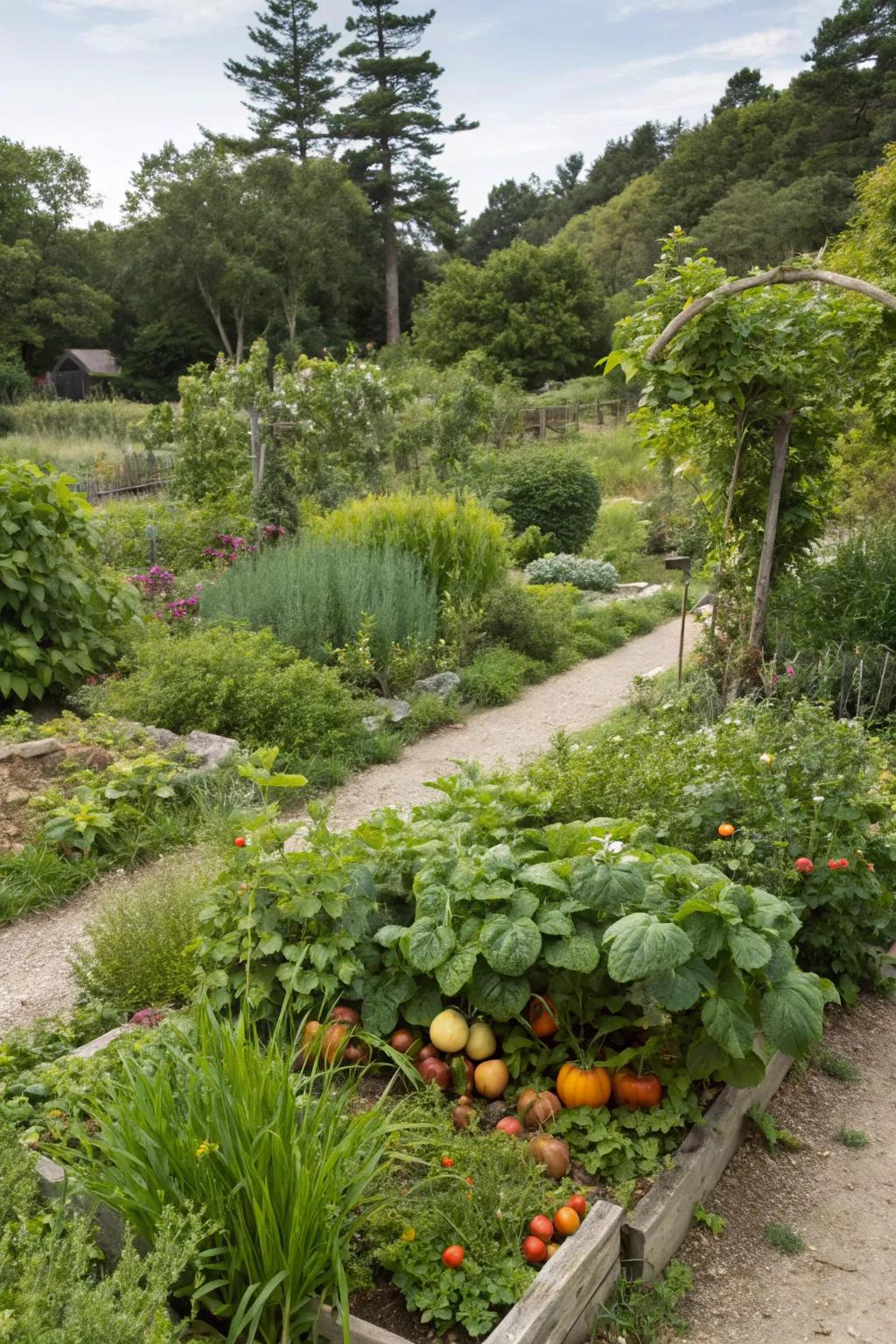 An edible landscape blending beauty with functionality through herb and fruit plantings.