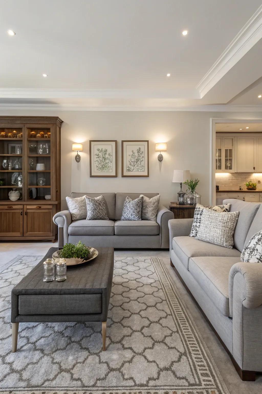 Symmetry brings balance to a grey couch-centered room.