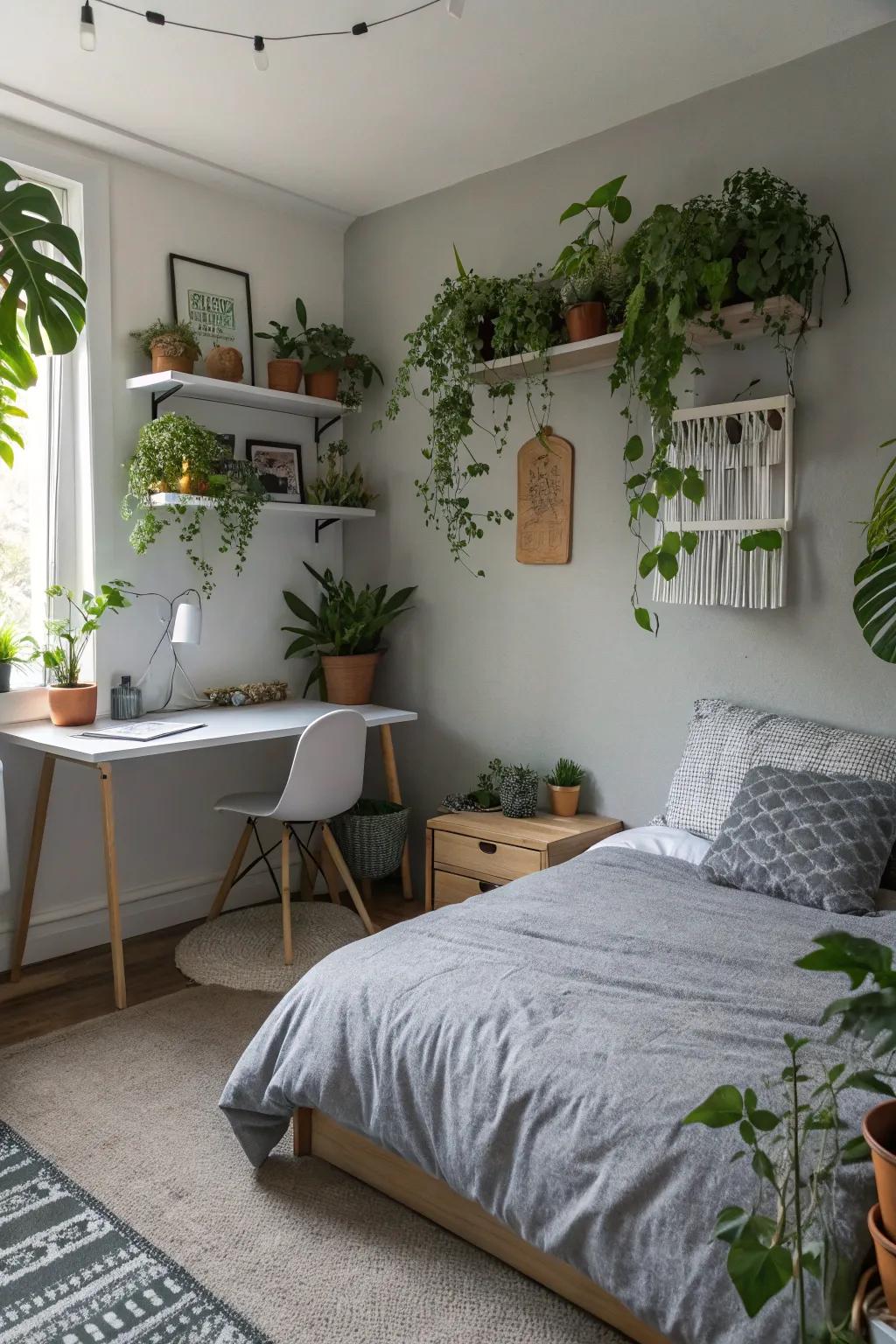 Indoor plants add life and freshness to grey interiors.