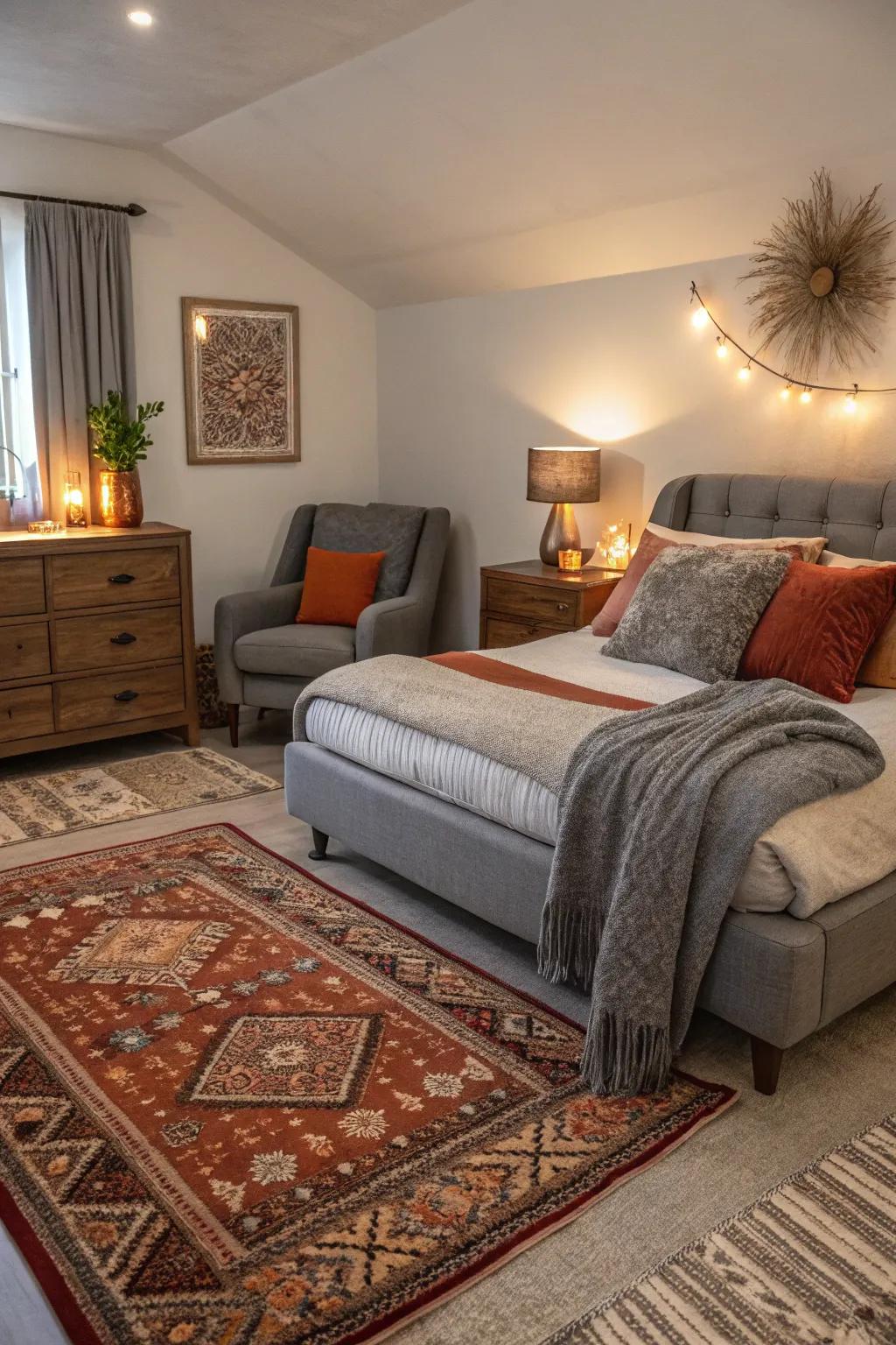 Warm textiles complement grey furnishings for a comforting retreat.