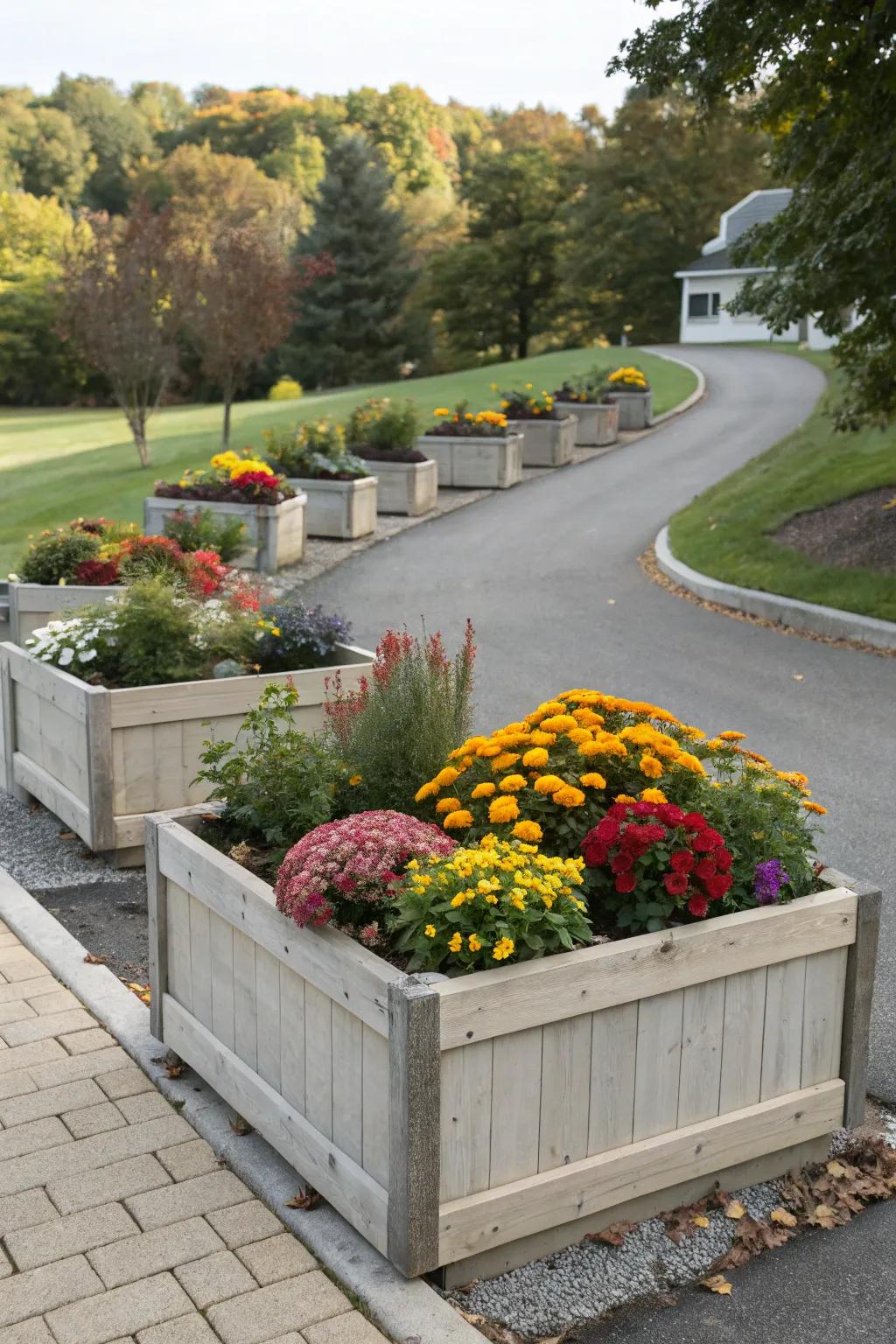 Raised planters add layers and seasonal color.