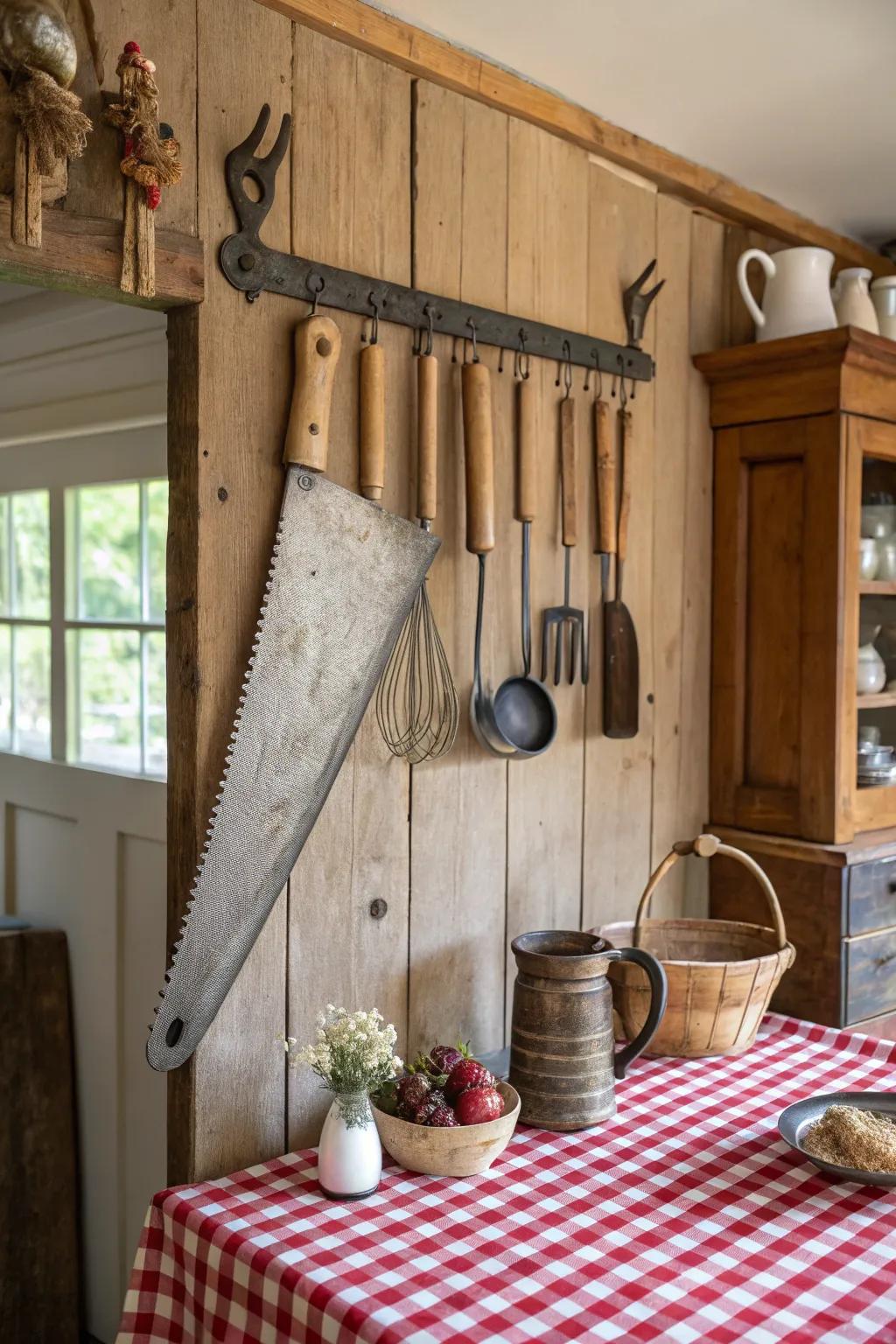 A hand saw repurposed as a kitchen utensil holder.