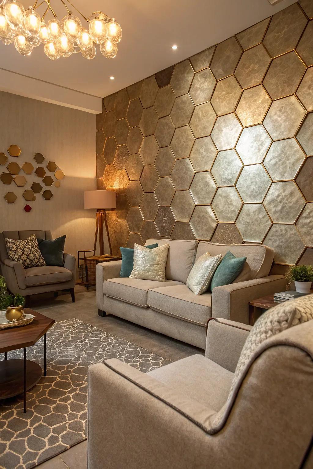 Metallic hexagons bring a touch of glamour and sophistication.