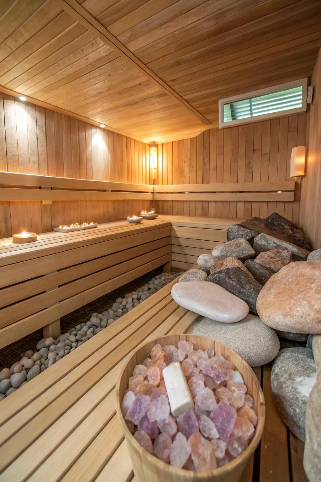 Natural elements enhance the healing ambiance of this sauna.