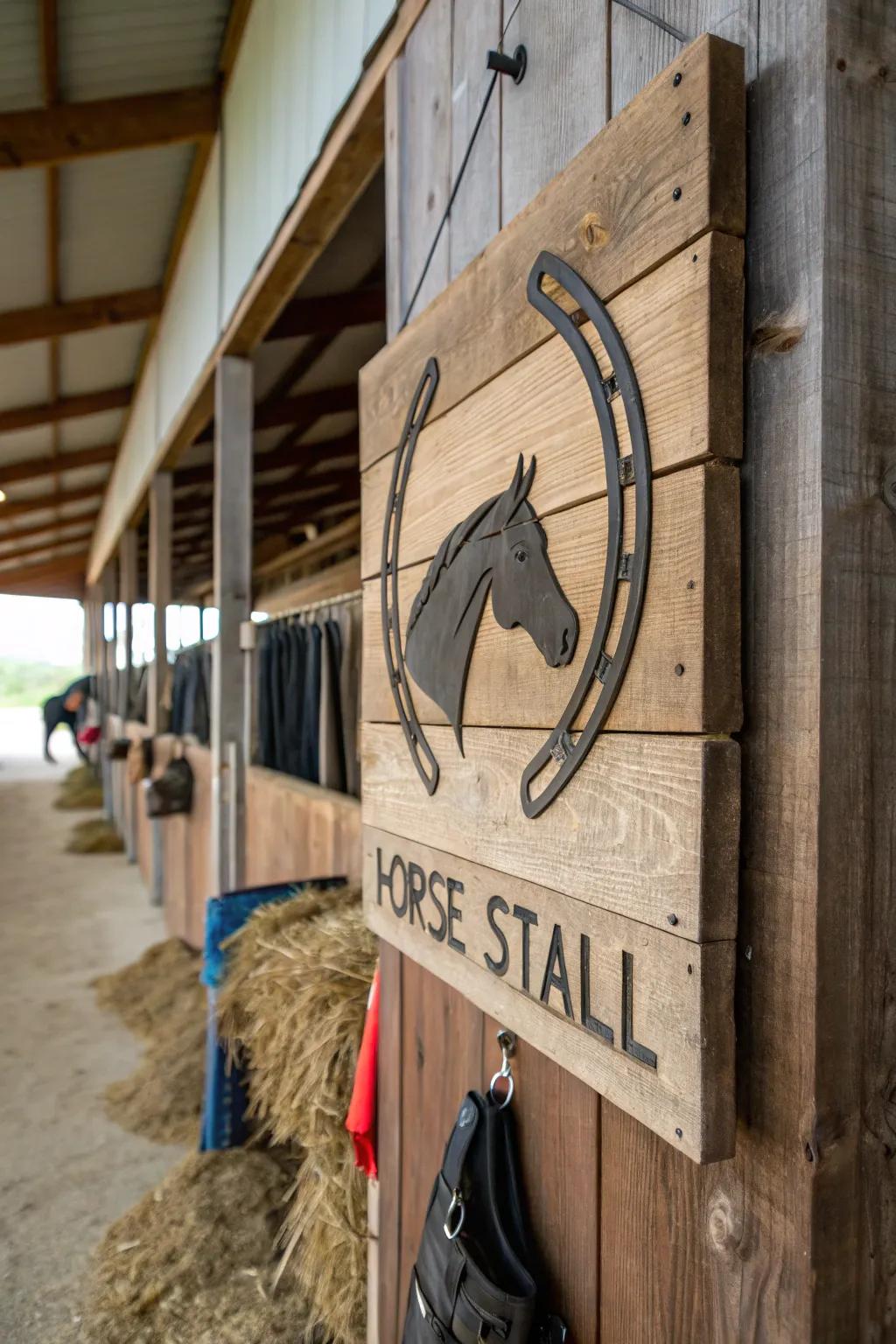 A sustainable horse stall sign made from reclaimed wood.