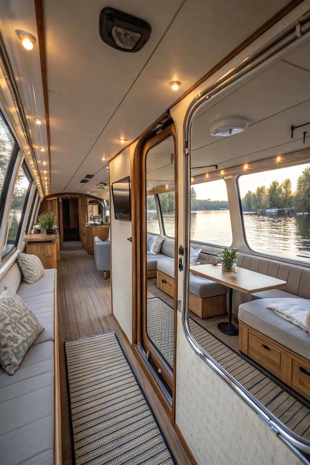 Mirrors enhance the sense of space and light in this houseboat.