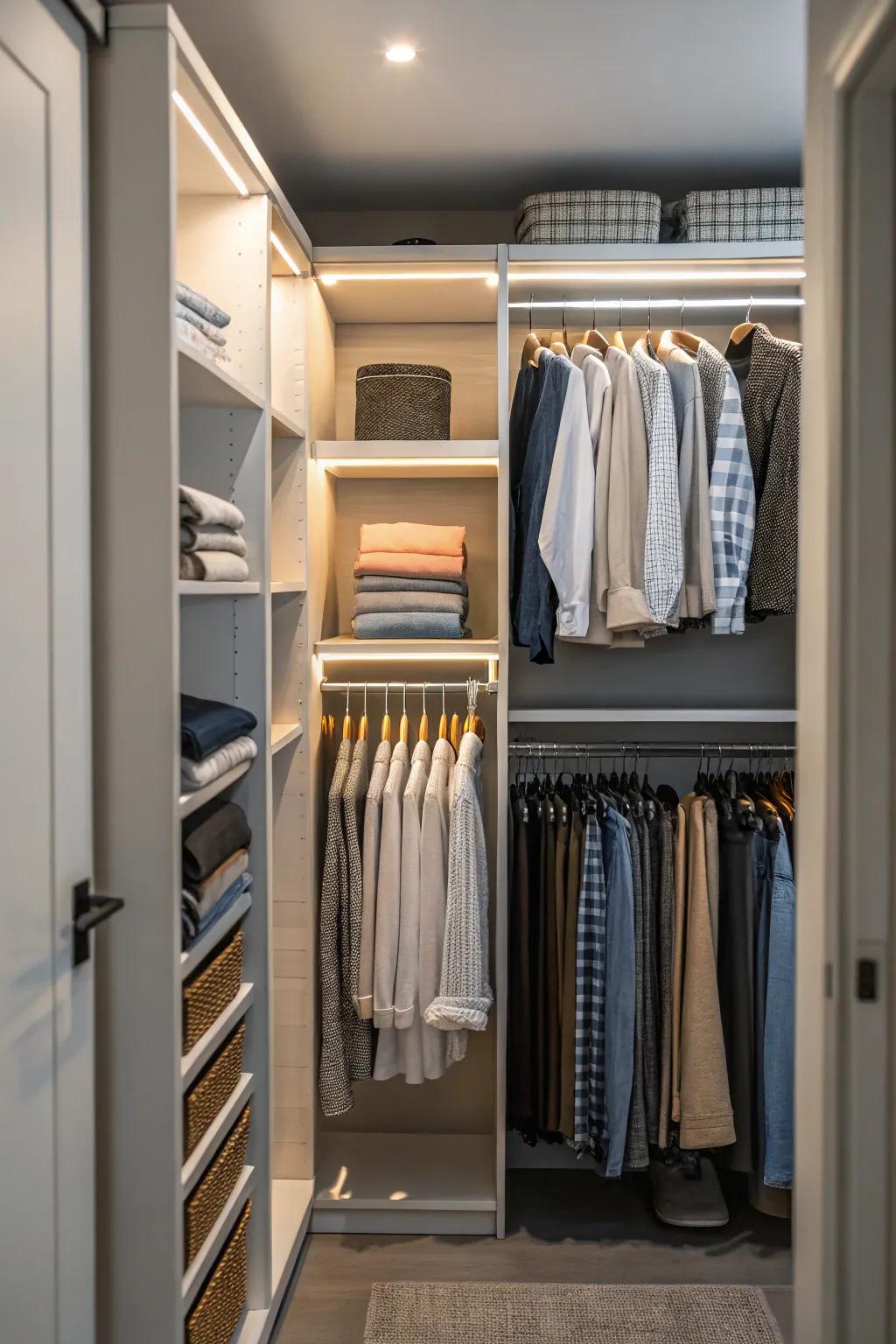 A well-organized closet maximizing available space.