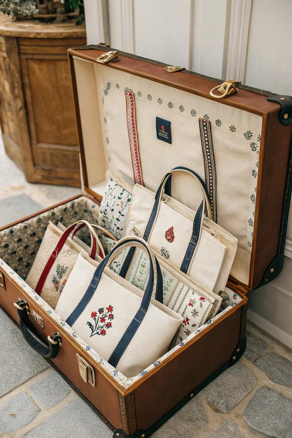 Historic trunks provide nostalgic and concealed storage for bags.
