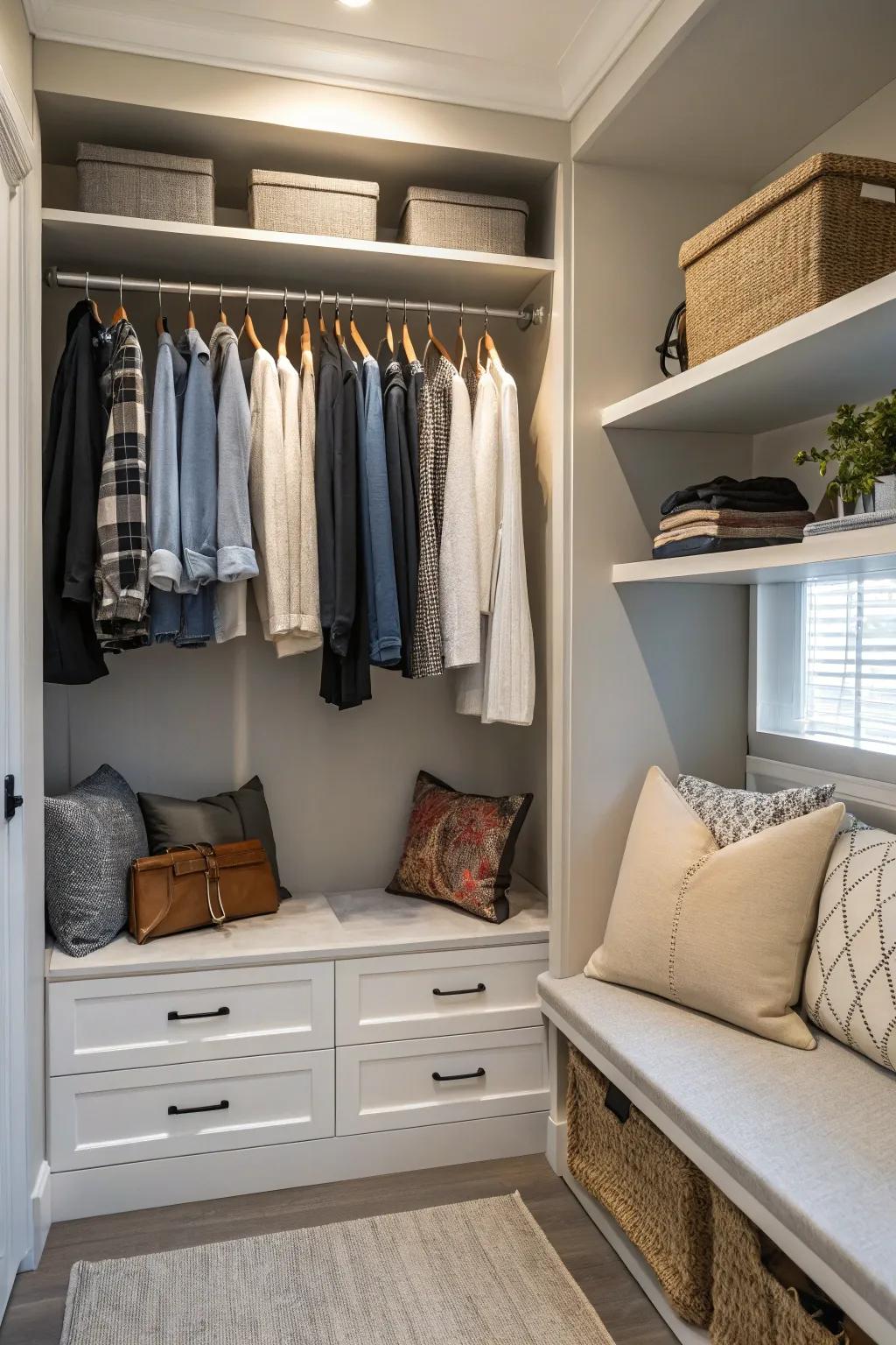 A lavish seating enclave integrated into a closet design.