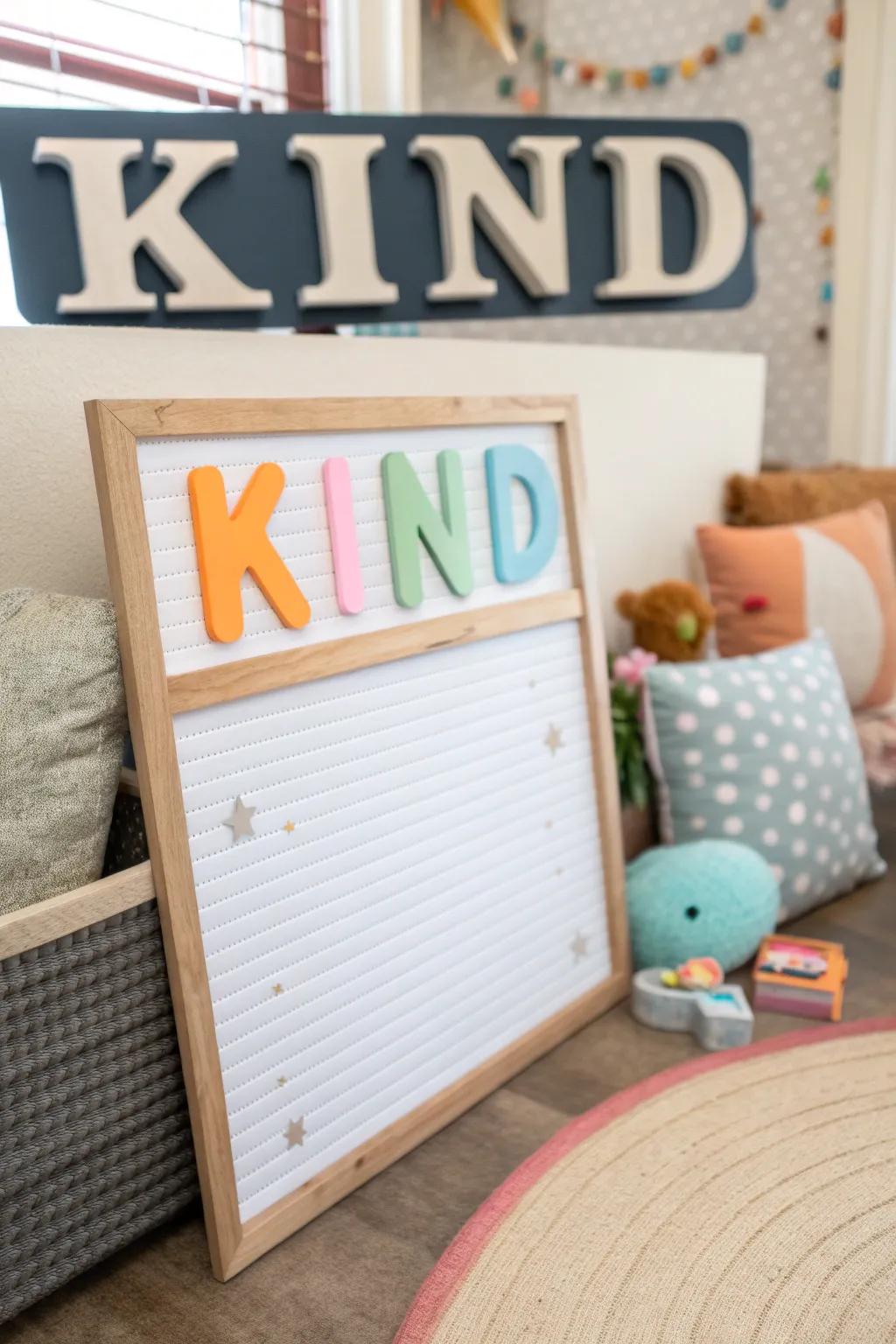 A playful home bulletin board inviting people to 'Be the I in KIND' with a photo space.