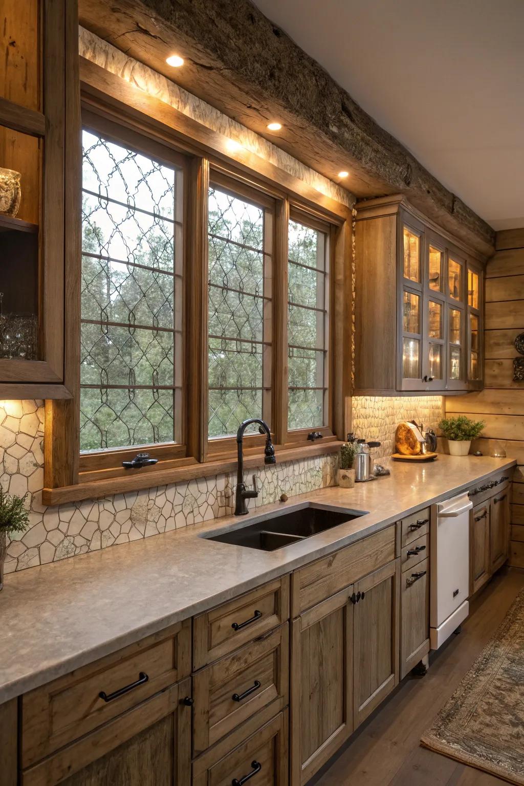 Textured window frames contribute depth and character to the kitchen's general design.