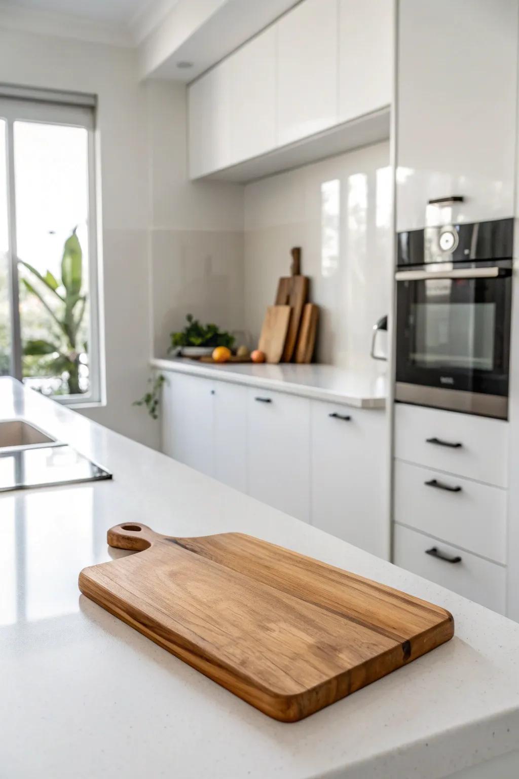 A minimalist display with a single cutting board showcases elegance and simplicity.